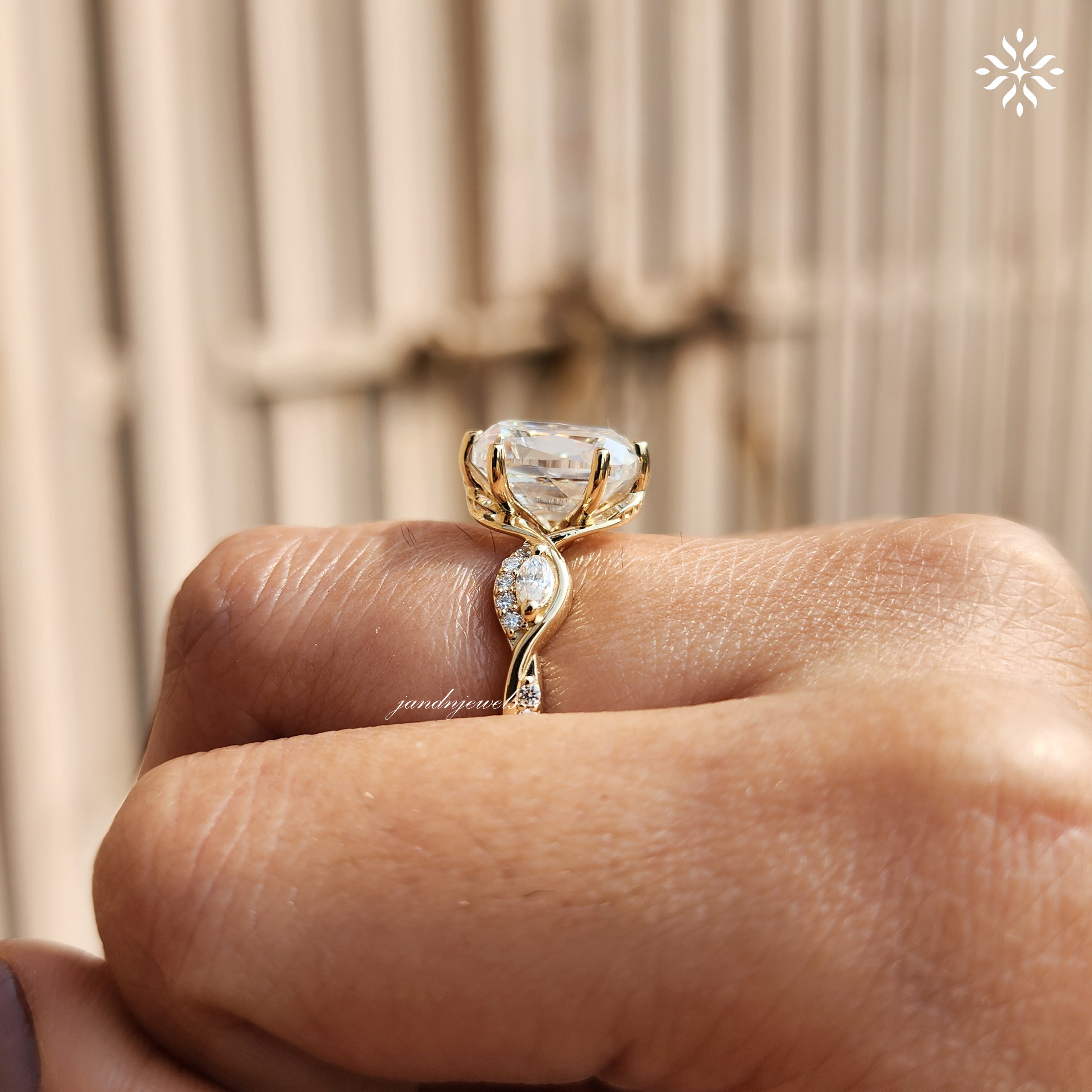 Old Mine Cushion Cut Moissanite Engagement Ring Nature Inspired Leaf Design Ring 14K Solid Gold Ring Floral Art Deco Ring Wedding Ring
