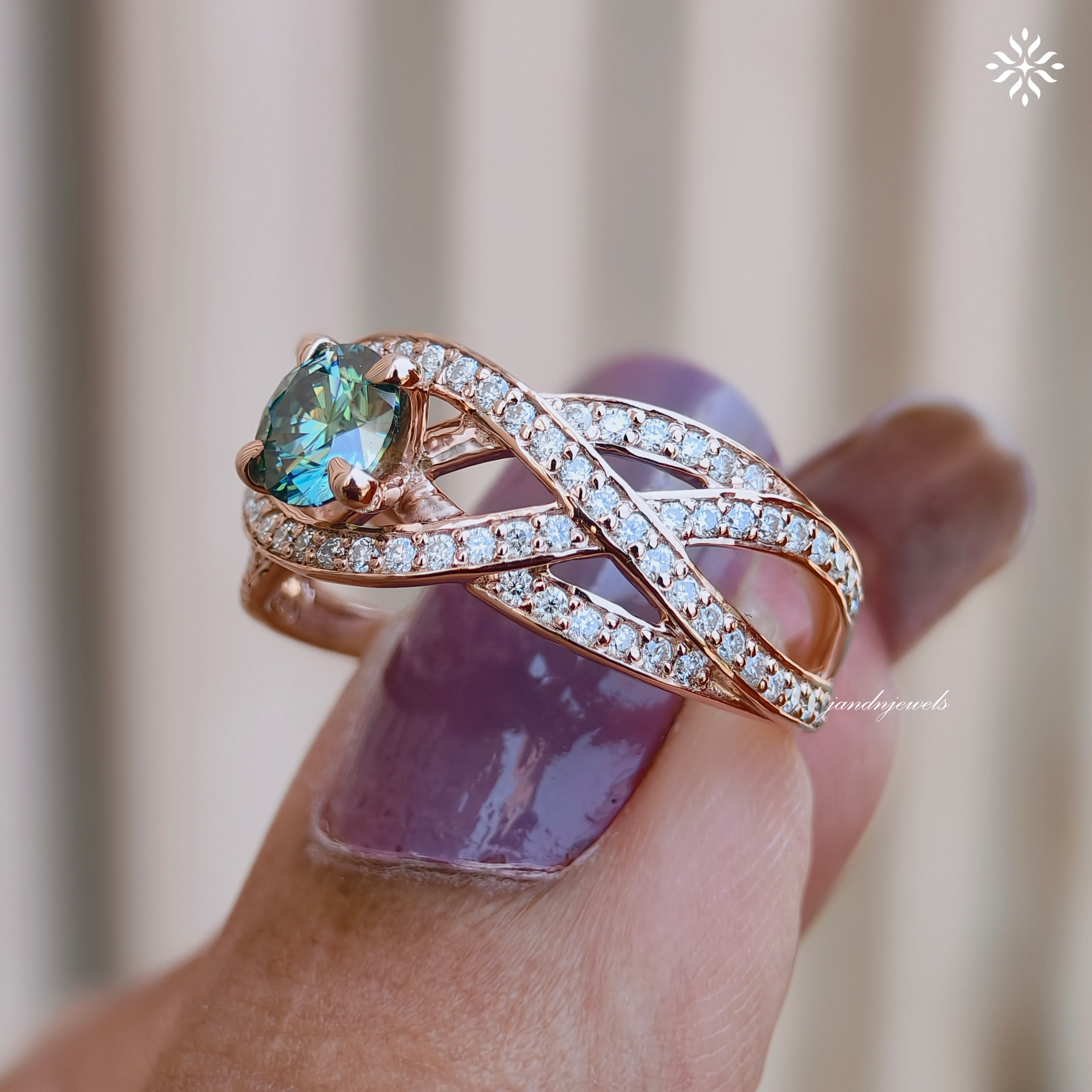 Cyan Blue Round Cut Moissanite Engagement Ring, Floral Wedding Ring, Unique Pave Band, 14K Gold Ring, Diamond Ring, Anniversary Ring