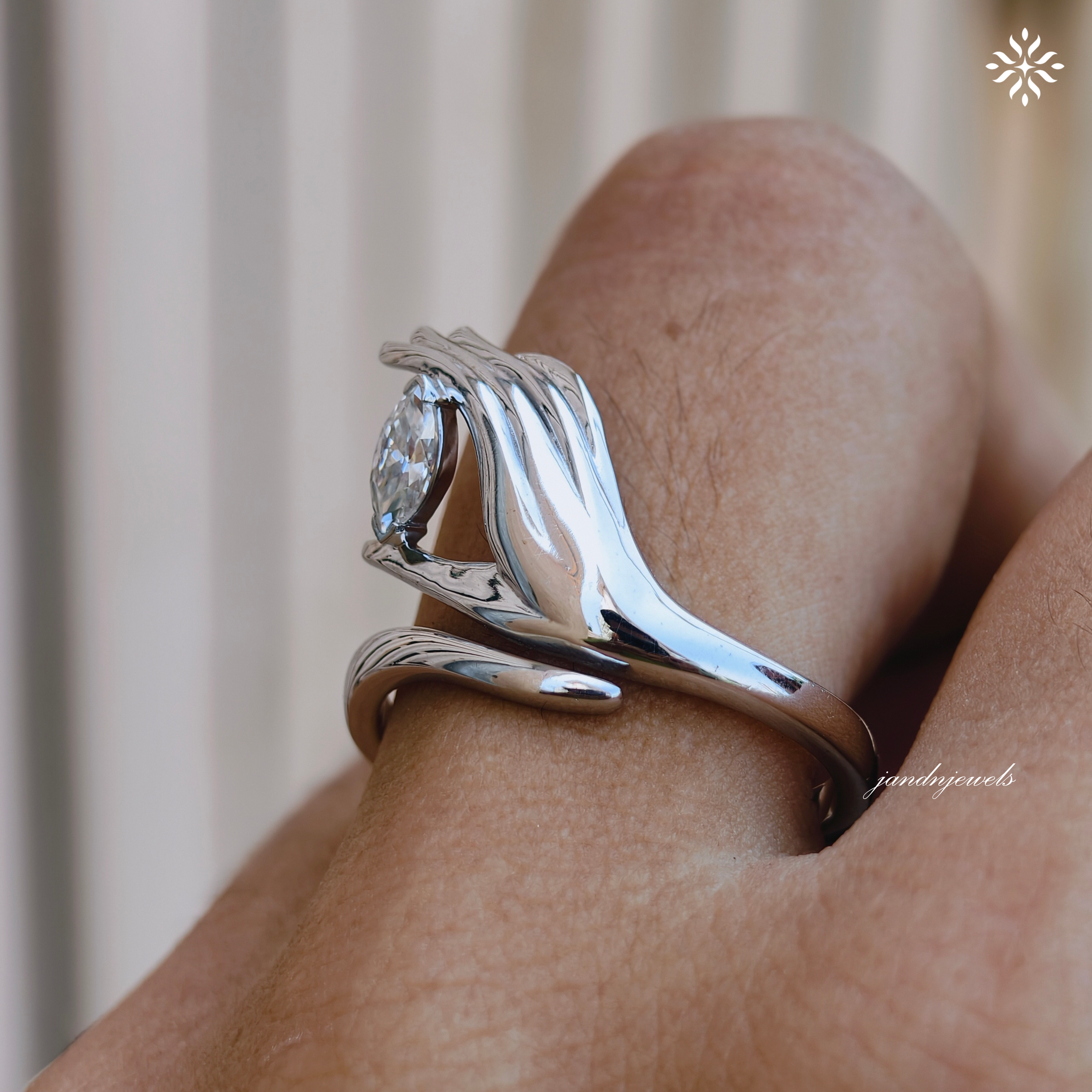 Sculptural Hand Style Marquise Moissanite Ring, Open Wrap Gold Ring, Modern Artistic Statement Ring