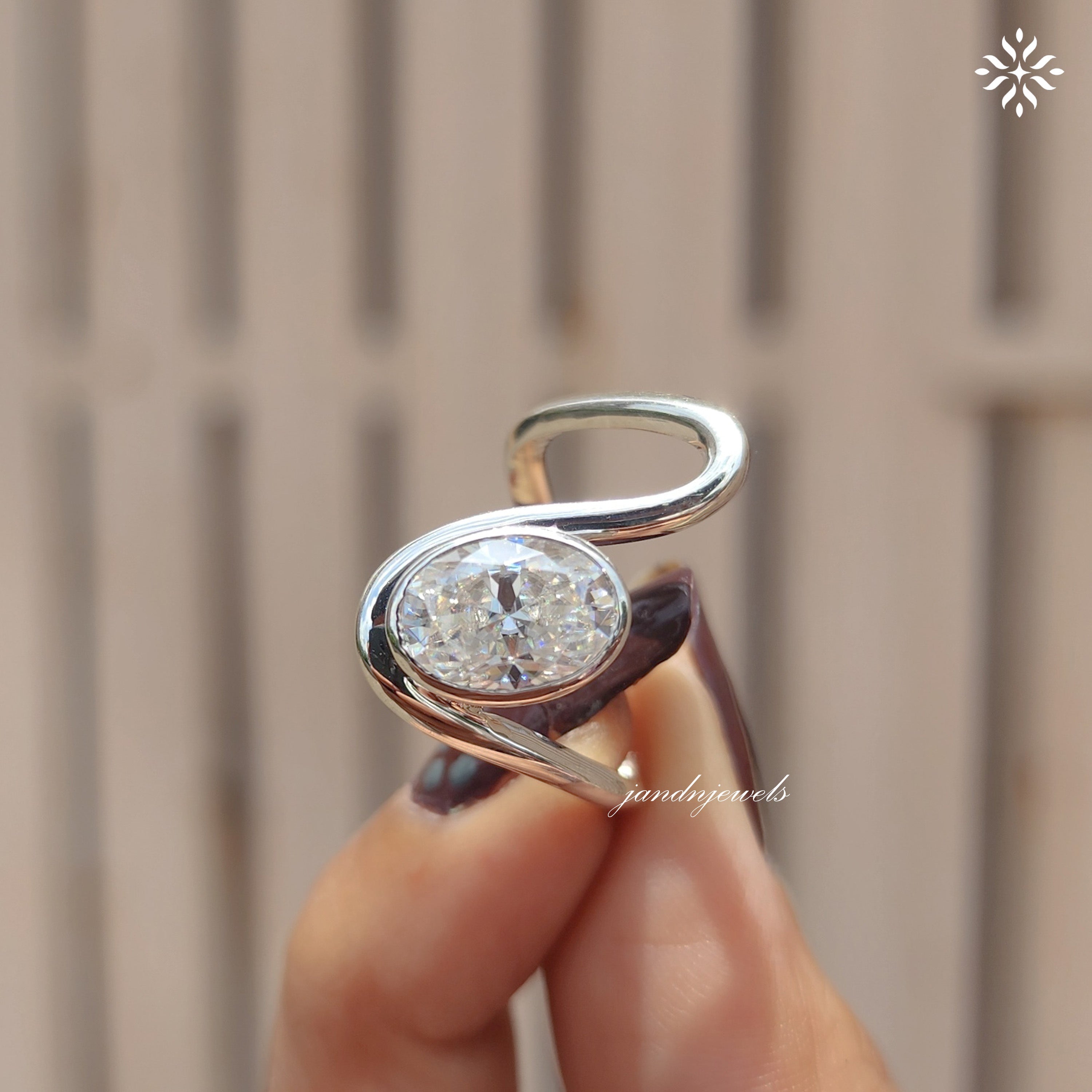 Oval Moissanite Ring, Open Wrap Ring Bezel Set Gold Band Minimalist Unique Engagement Ring