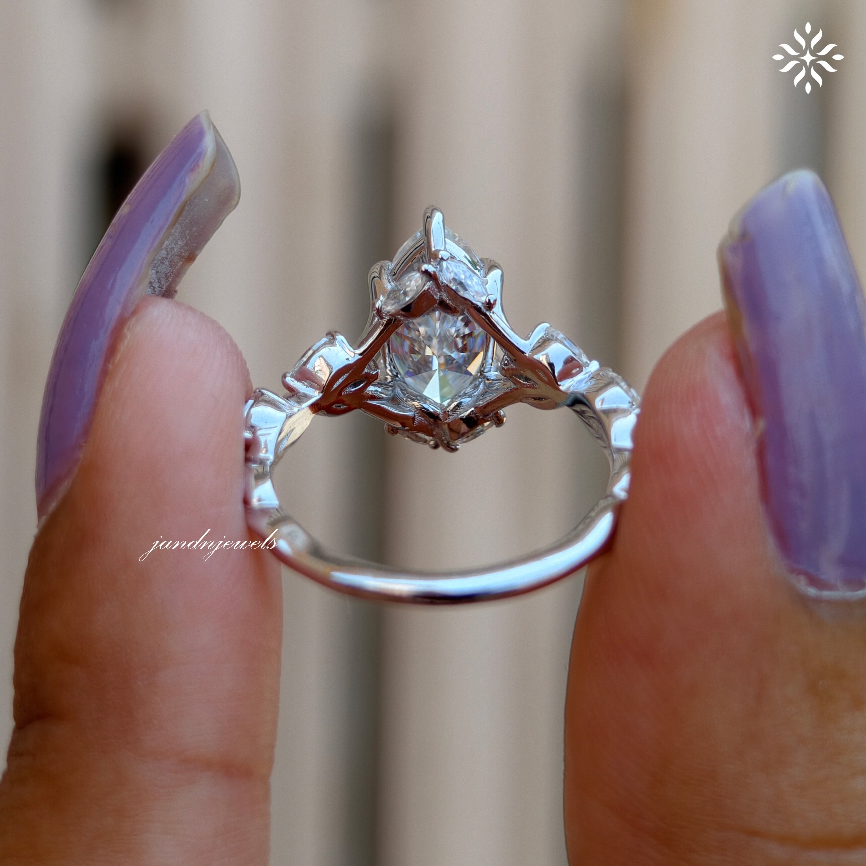 2CT Marquise Cut Moissanite Engagement Ring 14K White Gold Floral Vine Art Deco Ring