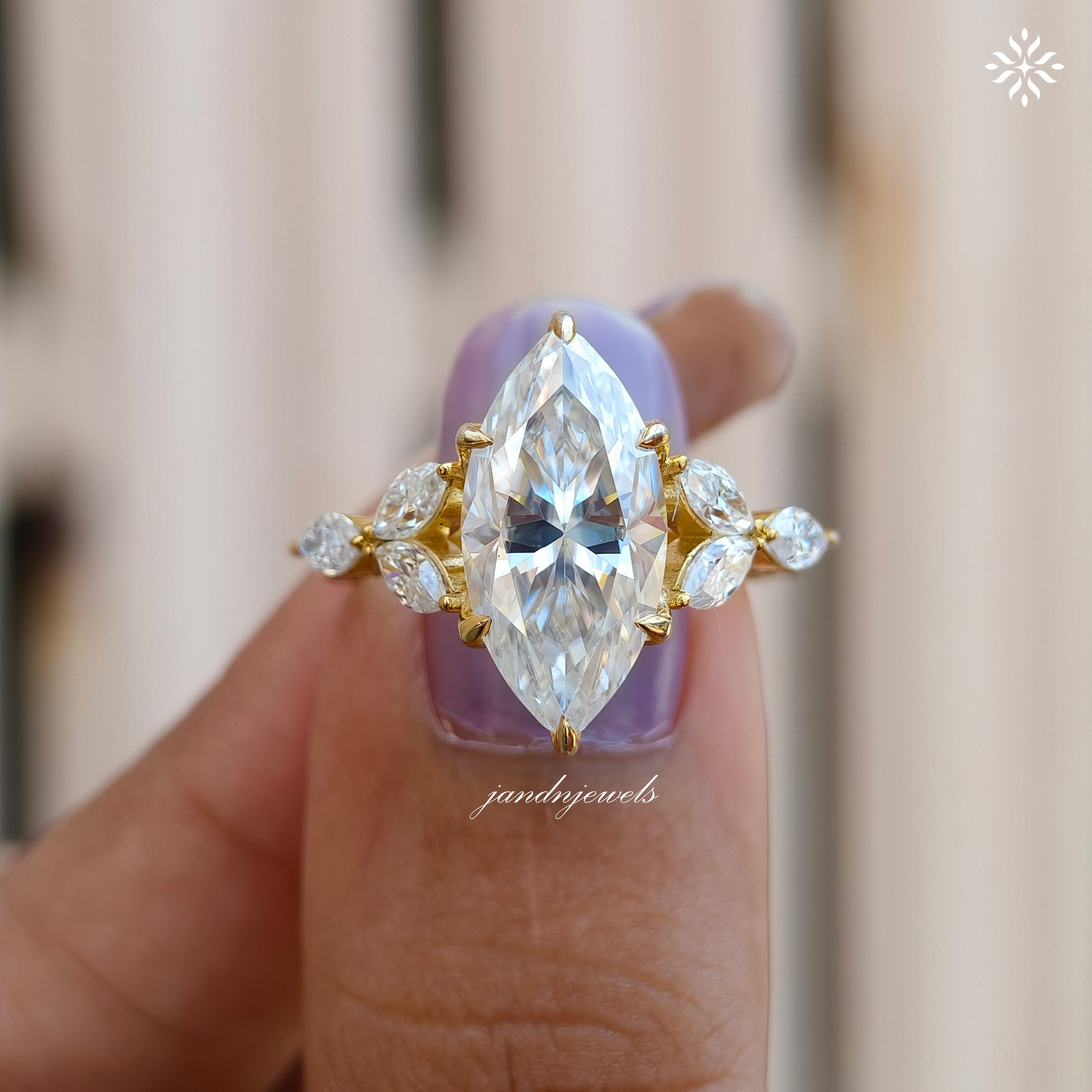 4CT Marquise Cut Moissanite Engagement Ring Cluster Marquise Side Stone Ring Classic Floral Basket Setting Wedding Ring Micro Pavé Band