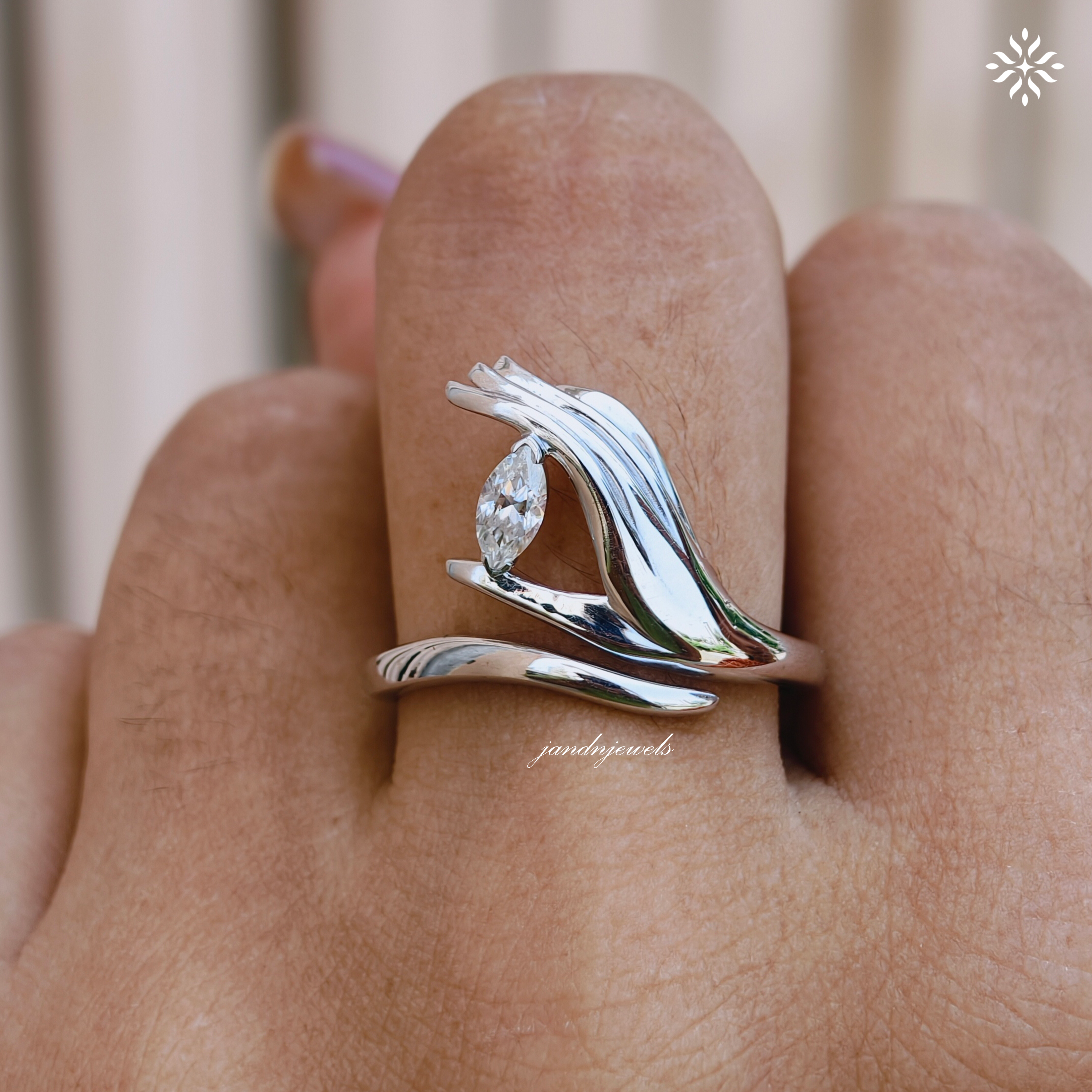 Sculptural Hand Style Marquise Moissanite Ring, Open Wrap Gold Ring, Modern Artistic Statement Ring