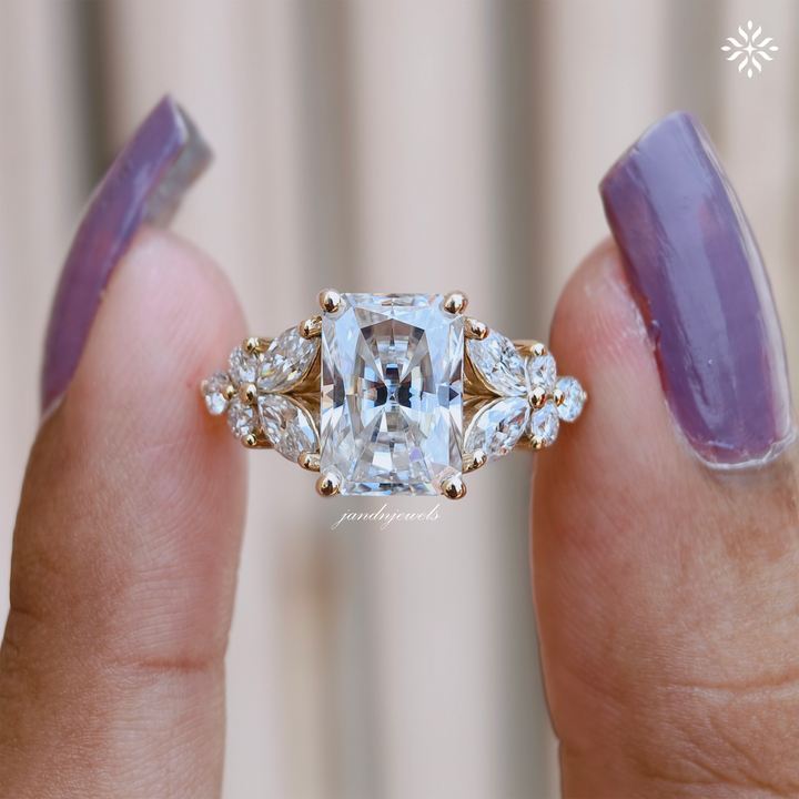 3 Carat Radiant Cut Moissanite Cluster Engagement Ring 14K Solid Gold Ring Floral Cluster Marquise Ring Unique Wedding Ring for Women