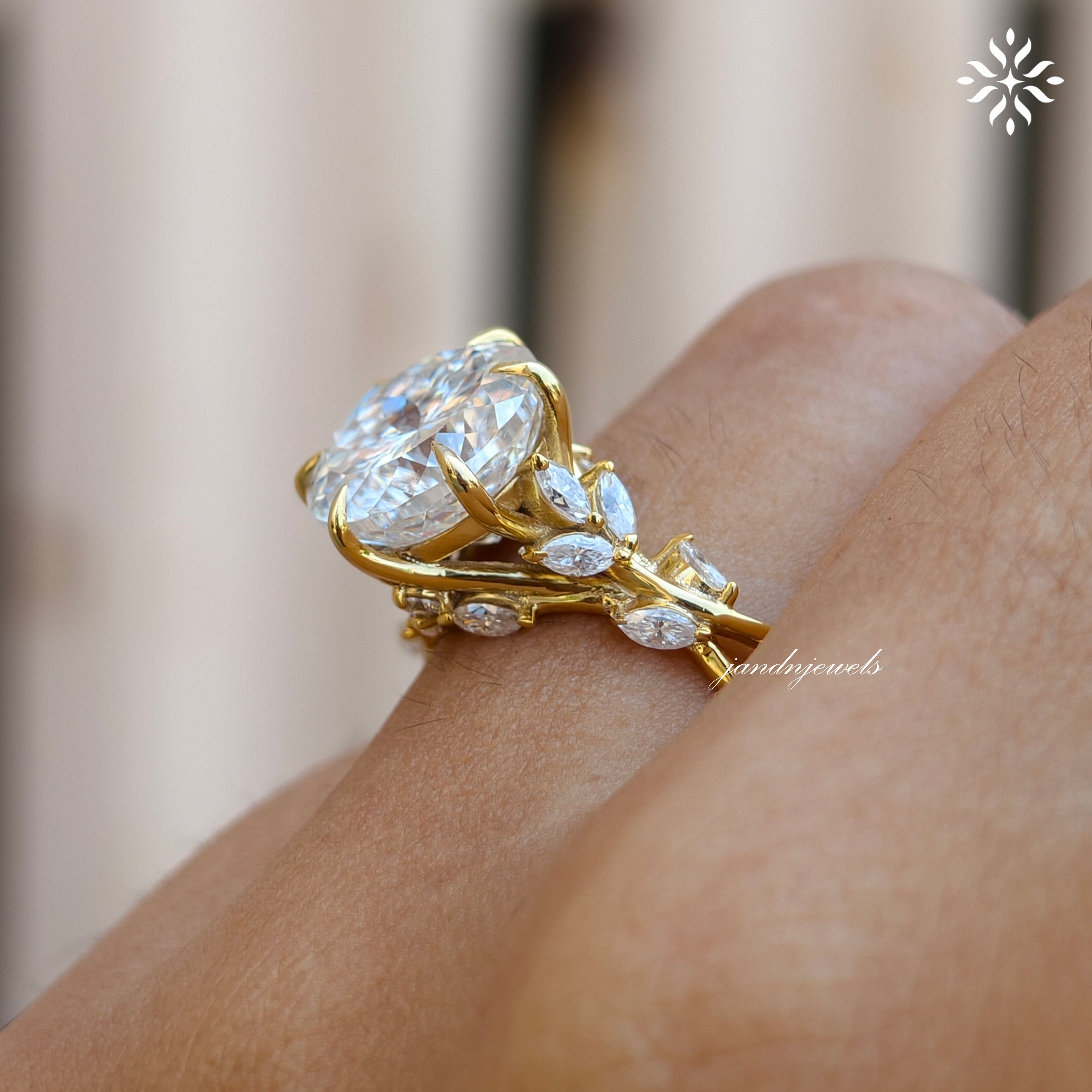 Floral Portuguese Cut Moissanite Engagement Ring Art Deco14K Gold Moissanite Diamond Wedding Ring Nature Inspire Ring Promise Ring For Women