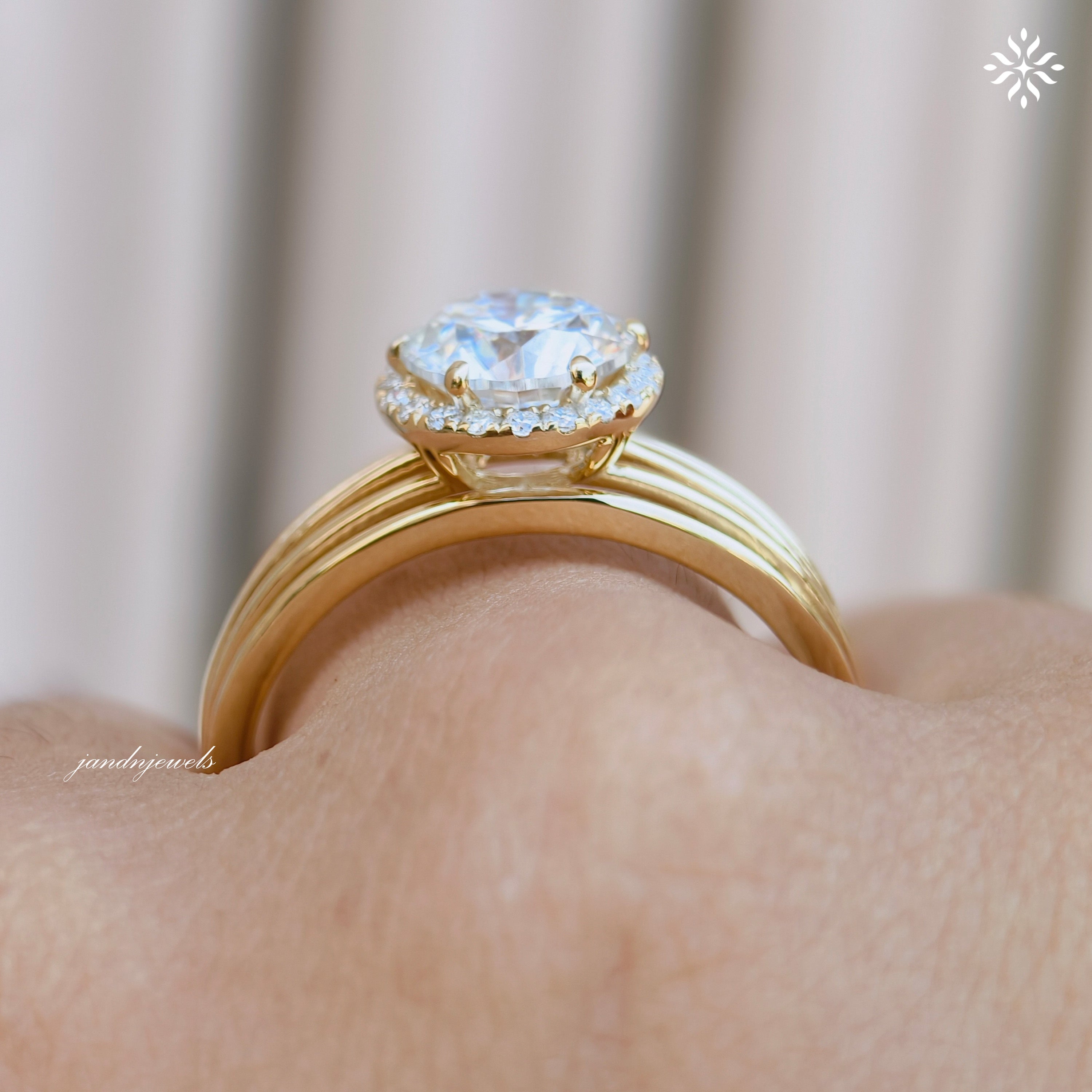 Brilliant Round Moissanite Engagement Ring Open Split Shank Gold Ring Halo Antique Style Ring Antique Style Bridal Ring