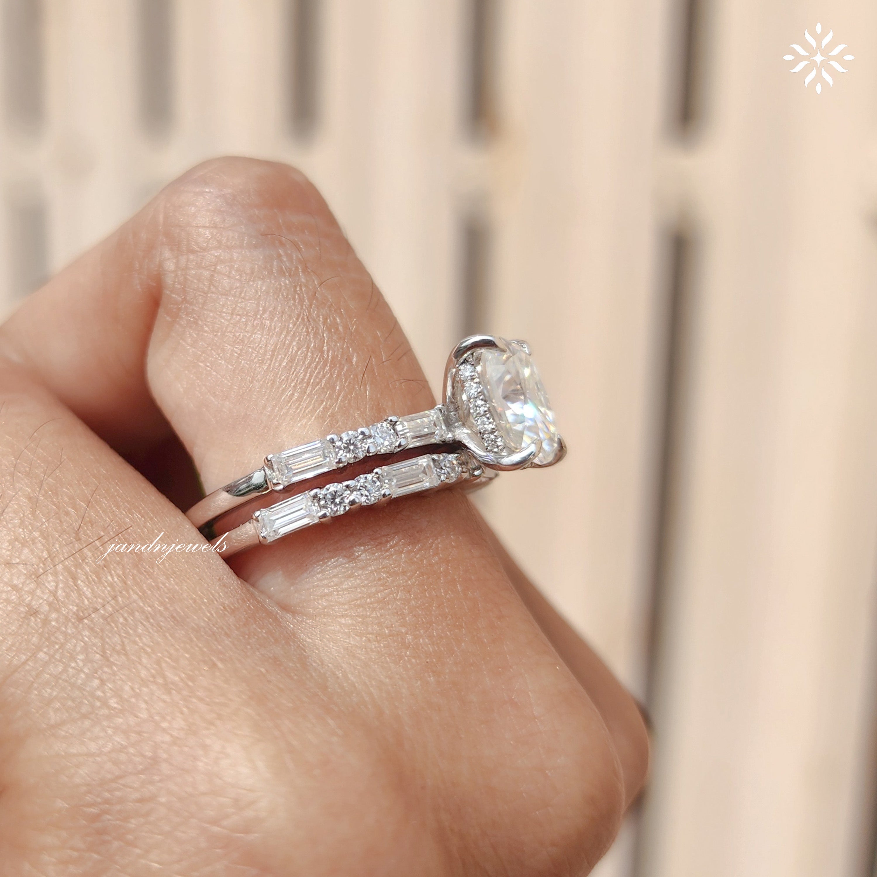 Elongated Cushion Cut Moissanite Engagement Ring Set Baguette & Round Diamond Band Bridal Ring Set 14K White Gold Ring Set