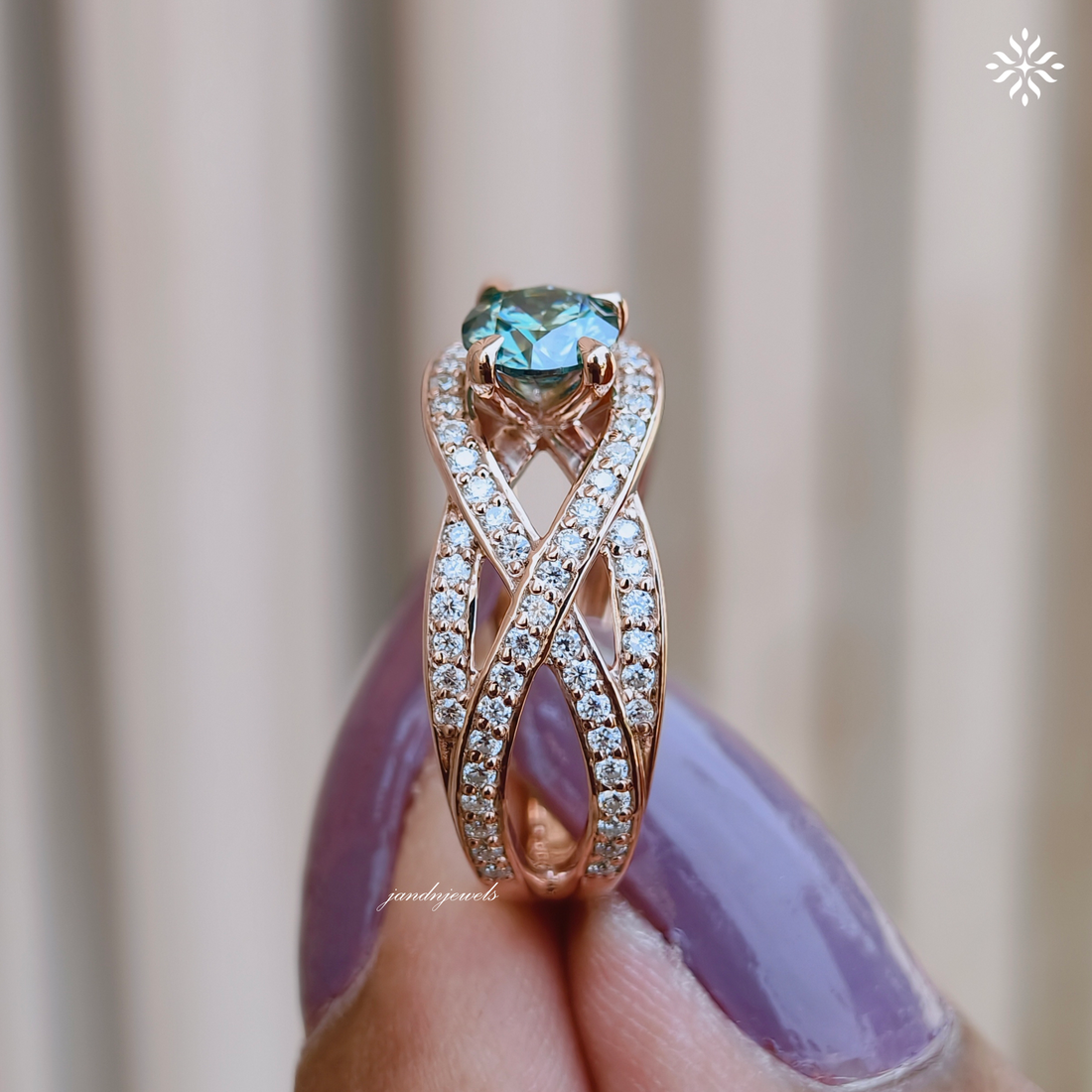 Cyan Blue Round Cut Moissanite Engagement Ring, Floral Wedding Ring, Unique Pave Band, 14K Gold Ring, Diamond Ring, Anniversary Ring