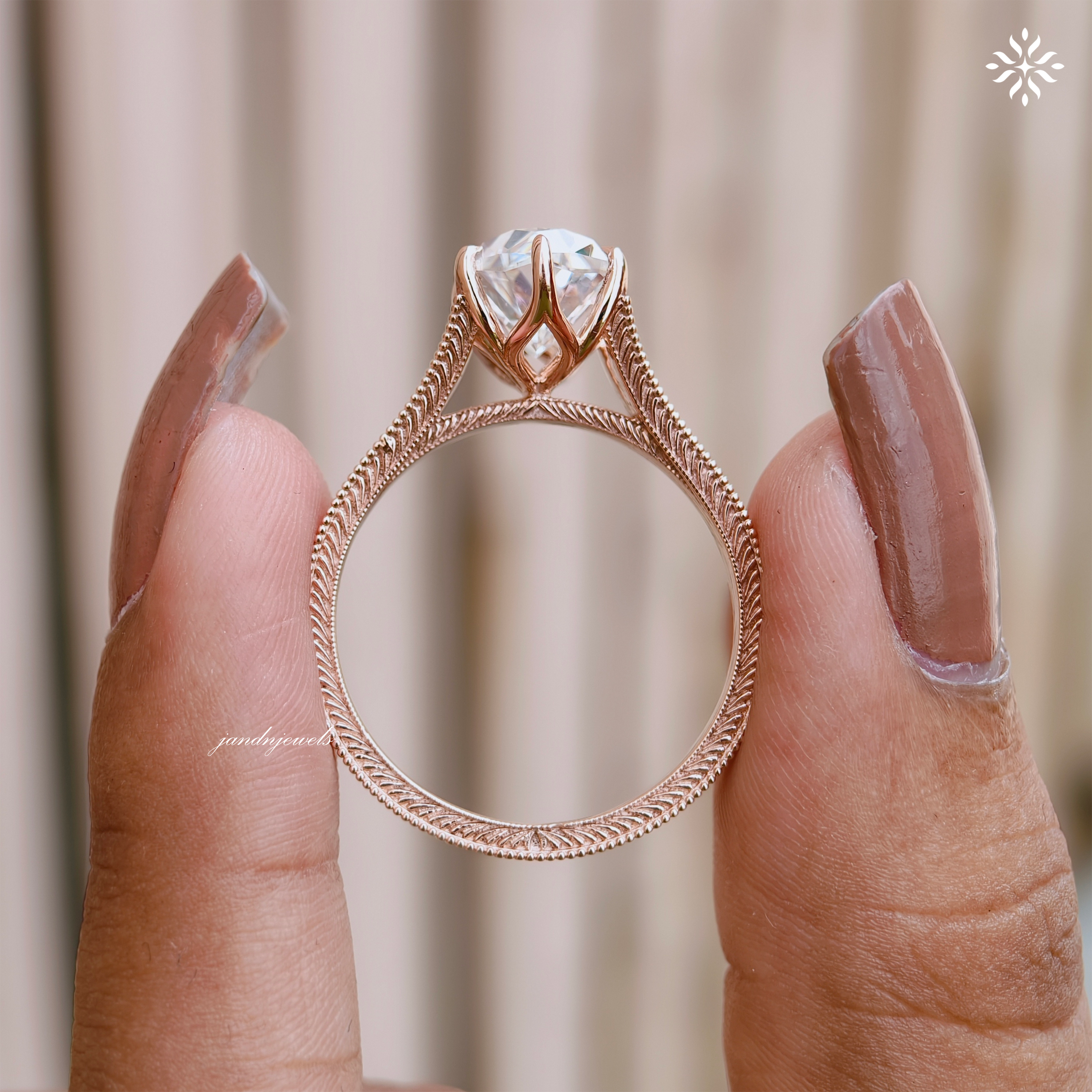 Dutch Marquise Moissanite Engagement Ring Art Deco Engraved Band Solitaire Ring 14K Gold Six Prong Designer Bridal Ring For Her