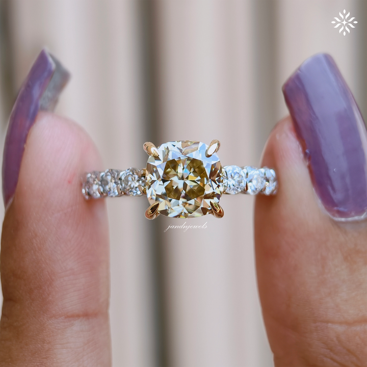 Fancy Intense Yellow Cushion Cut Lab Grown Diamond Engagement Ring Two Tone Ring Hidden Halo Ring Cathedral Setting Ring