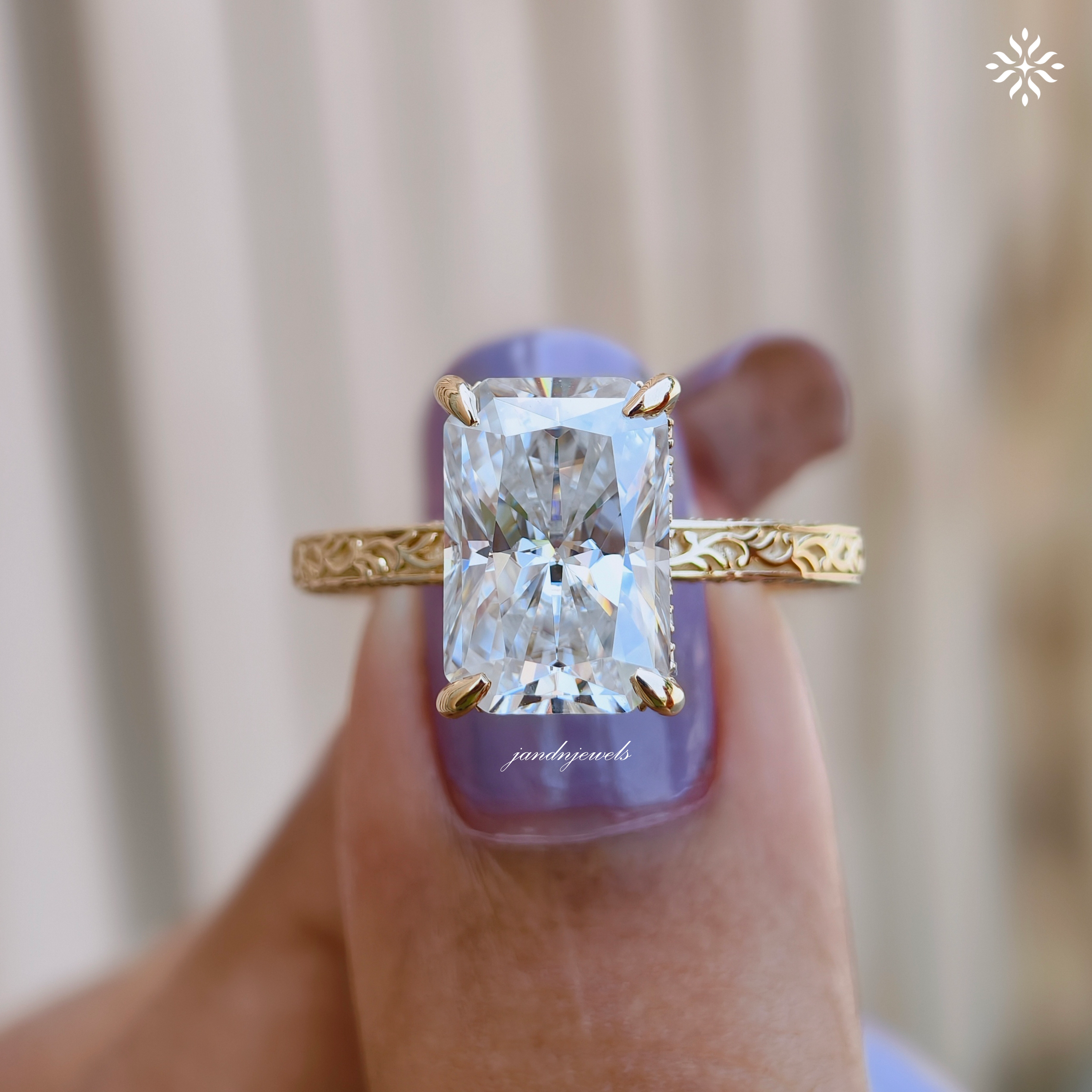 4CT Radiant Cut Moissanite Ring, Solid Yellow Gold Radiant Cut Solitaire Ring, Engraved Wedding Ring, 4 Prongs Anniversary Ring for Women