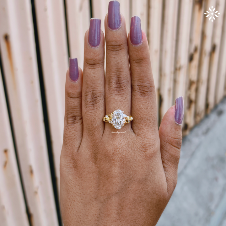Botanical Oval Cut Lab Grown Diamond Engagement Ring Nature Inspired Floral Ring Vine Leaf Wedding Ring 14K Solid Yellow Gold Ring for Her