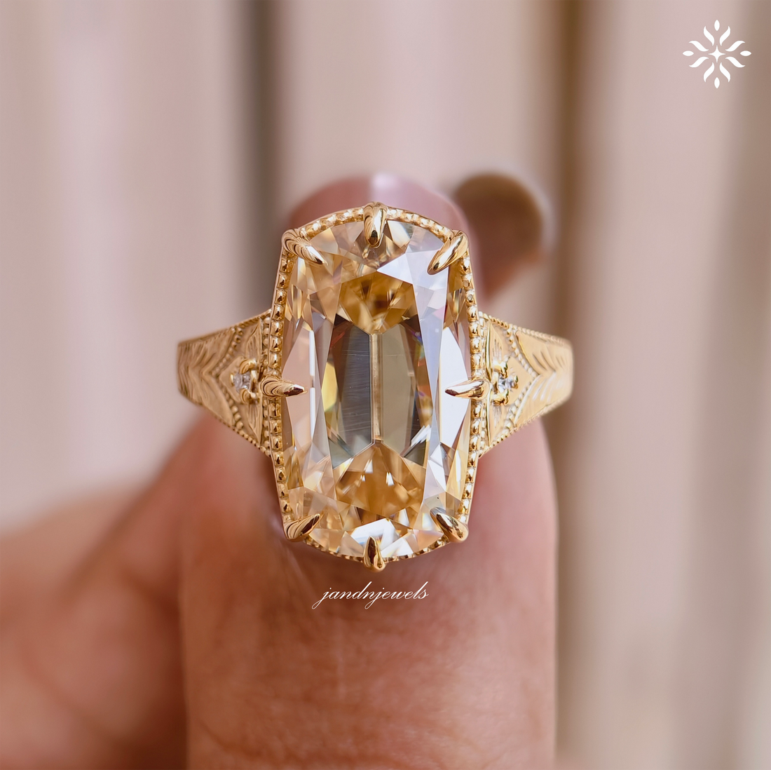 7CT Old Main Yellow Cushion Cut Moissanite Engagement Ring Vintage Inspired Handmade Engraved Art Deco Ring Antique Diamond Ring for Her