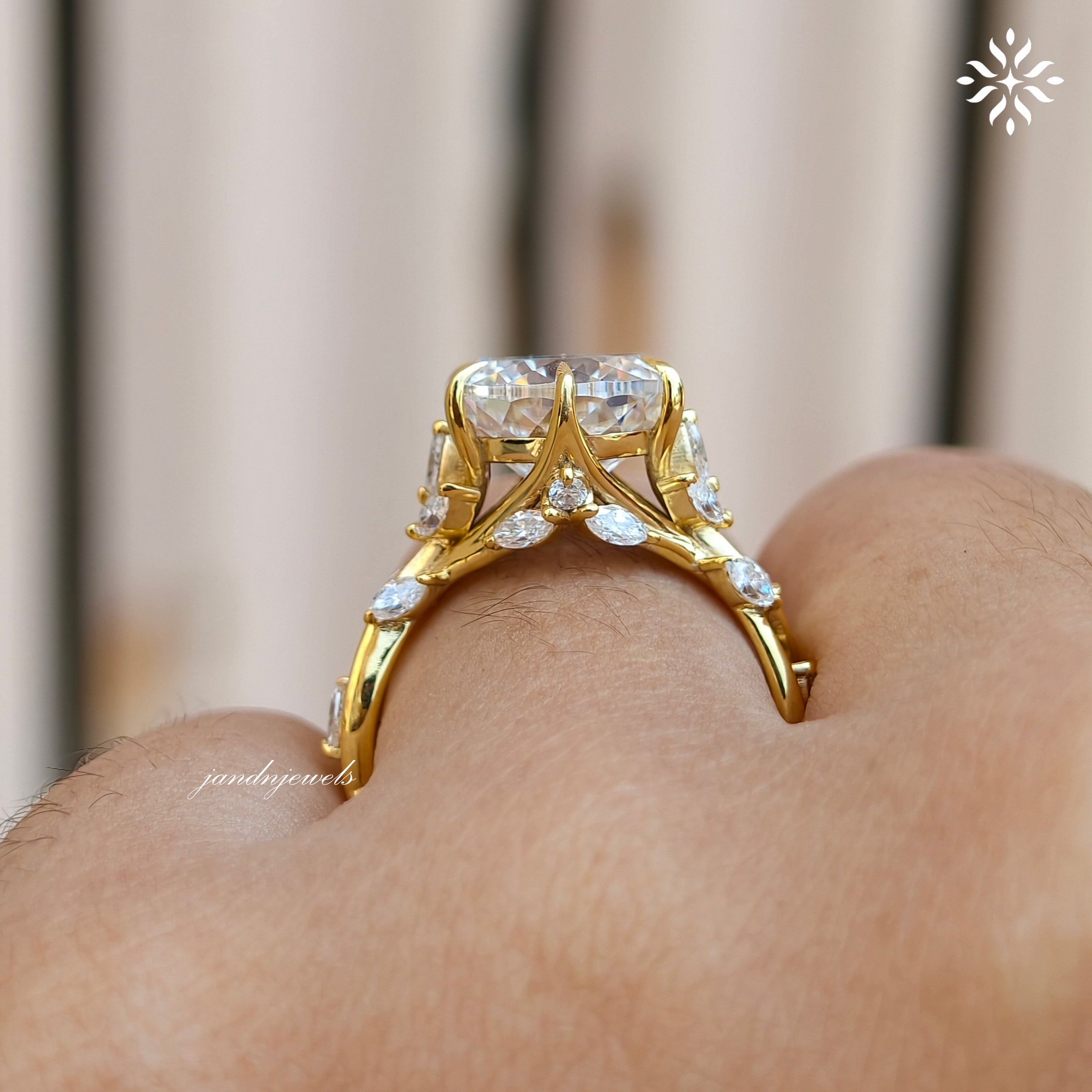 Floral Portuguese Cut Moissanite Engagement Ring Art Deco14K Gold Moissanite Diamond Wedding Ring Nature Inspire Ring Promise Ring For Women