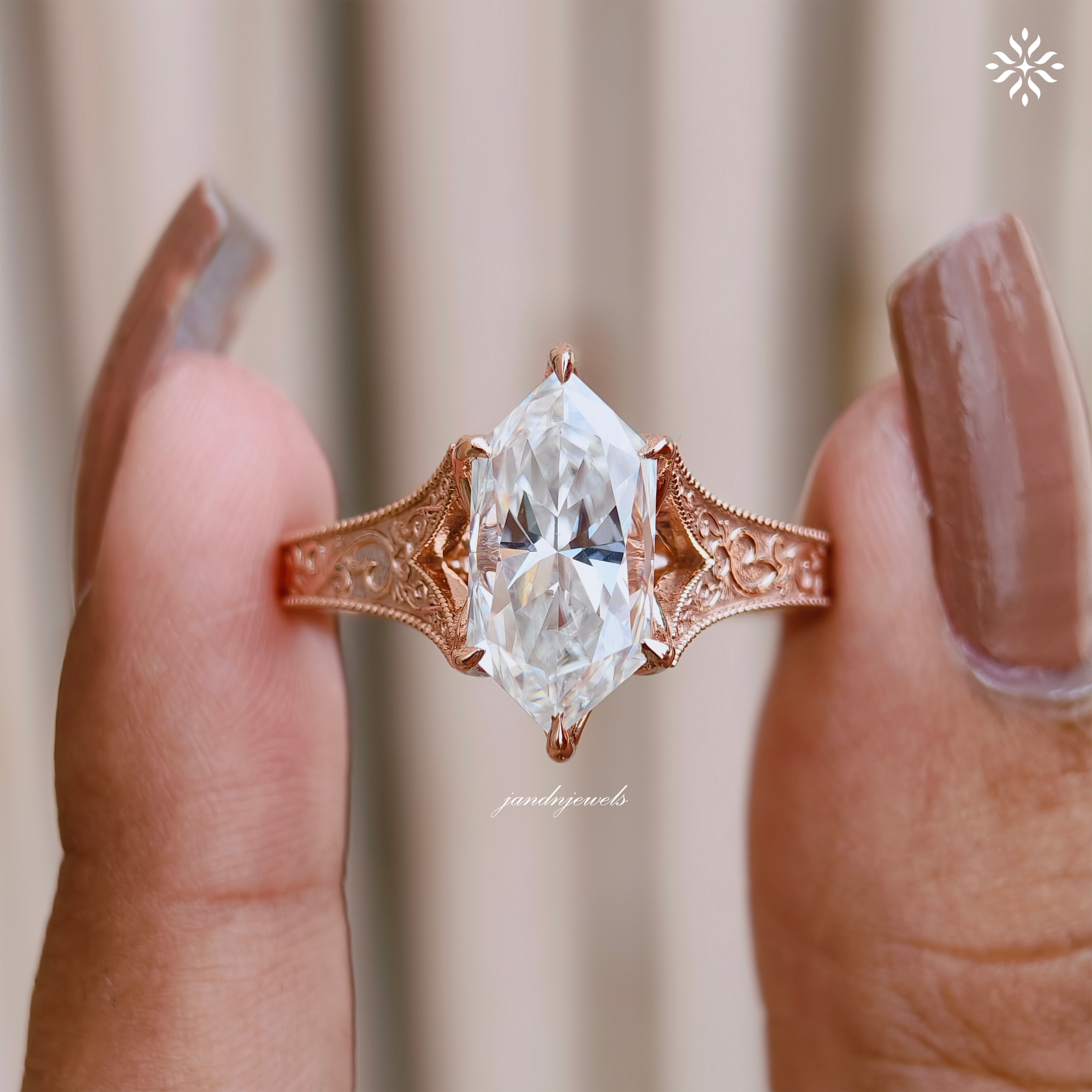 Dutch Marquise Moissanite Engagement Ring Art Deco Engraved Band Solitaire Ring 14K Gold Six Prong Designer Bridal Ring For Her