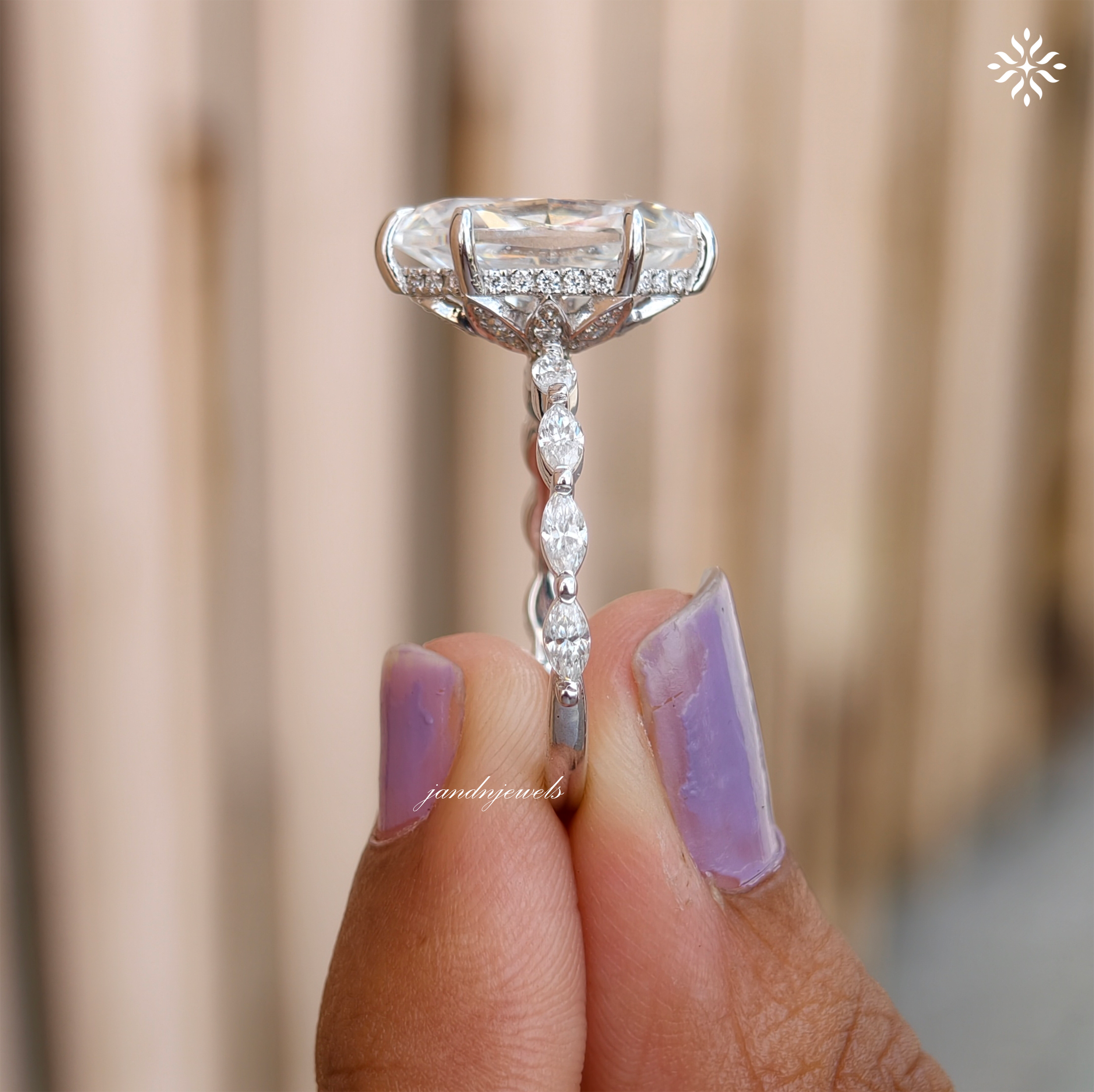 Lotus Hidden Halo 3CT Dutch Marquise Cut Moissanite Diamond Ring Solitaire Ring