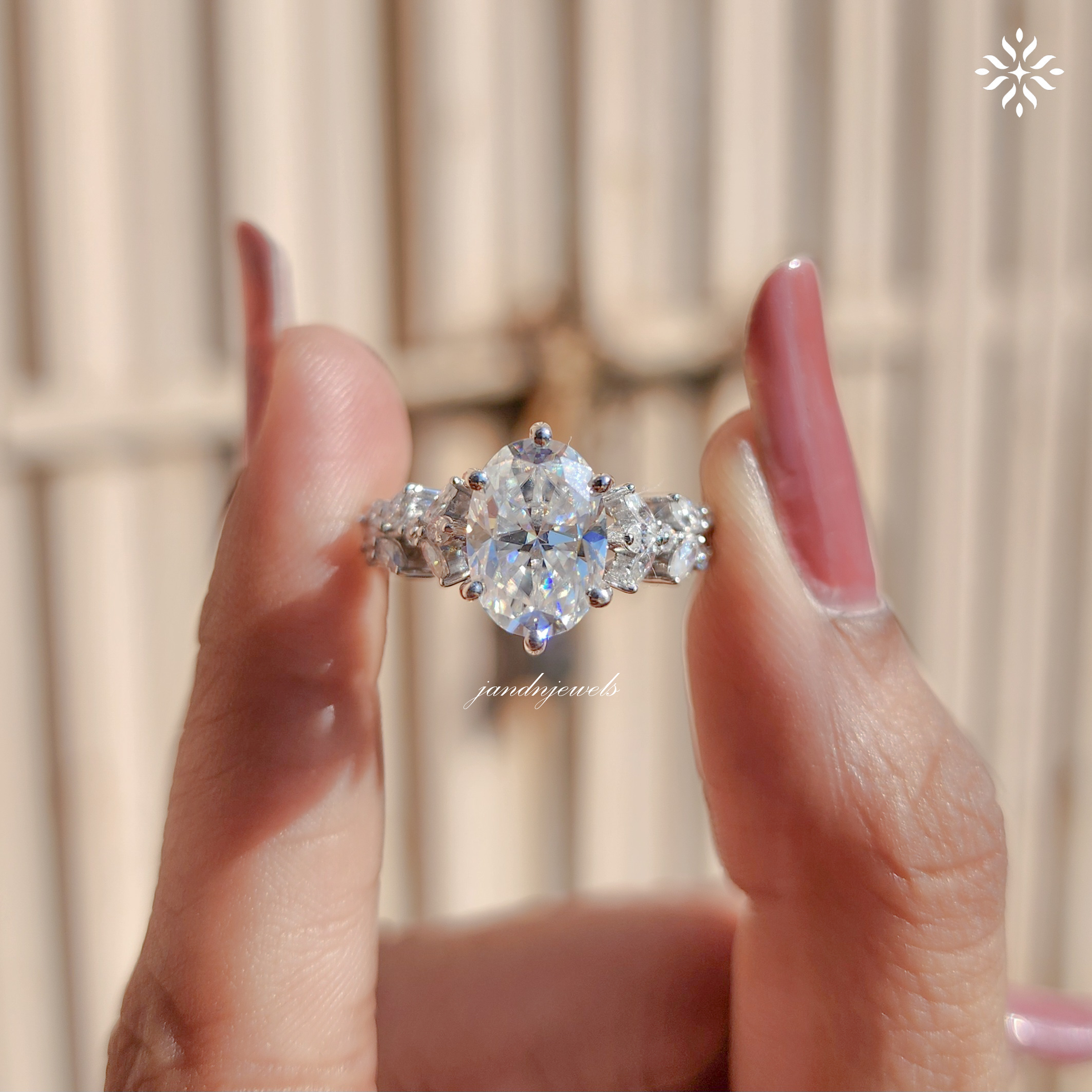 Oval Moissanite Ring, Nature Inspired Floral Diamond Band, Unique Vintage Gold Engagement Ring