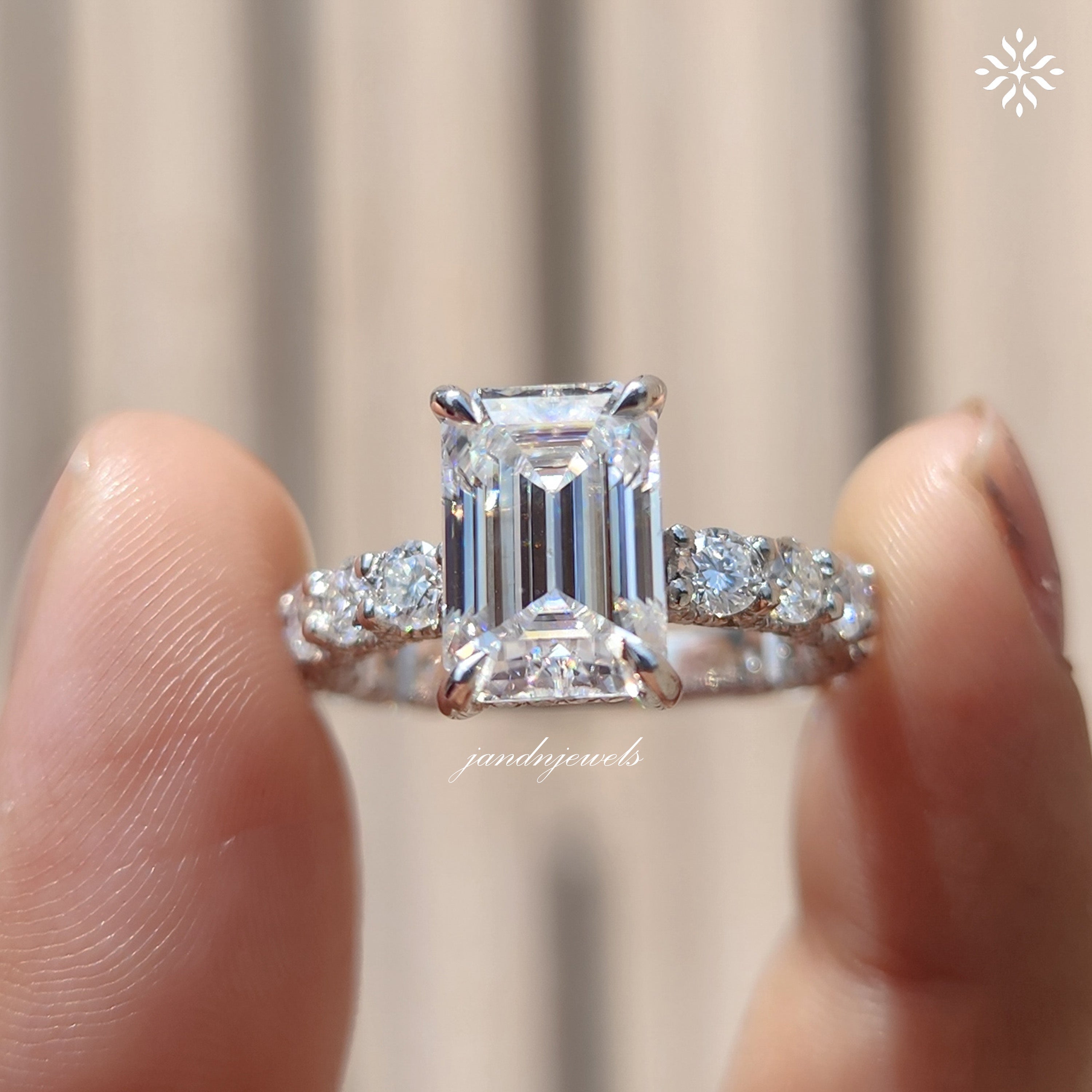 2.5CT Emerald Cut Moissanite Engagement Ring Unique Dabble Hidden Halo Ring 14K Solid Gold Ring for Women