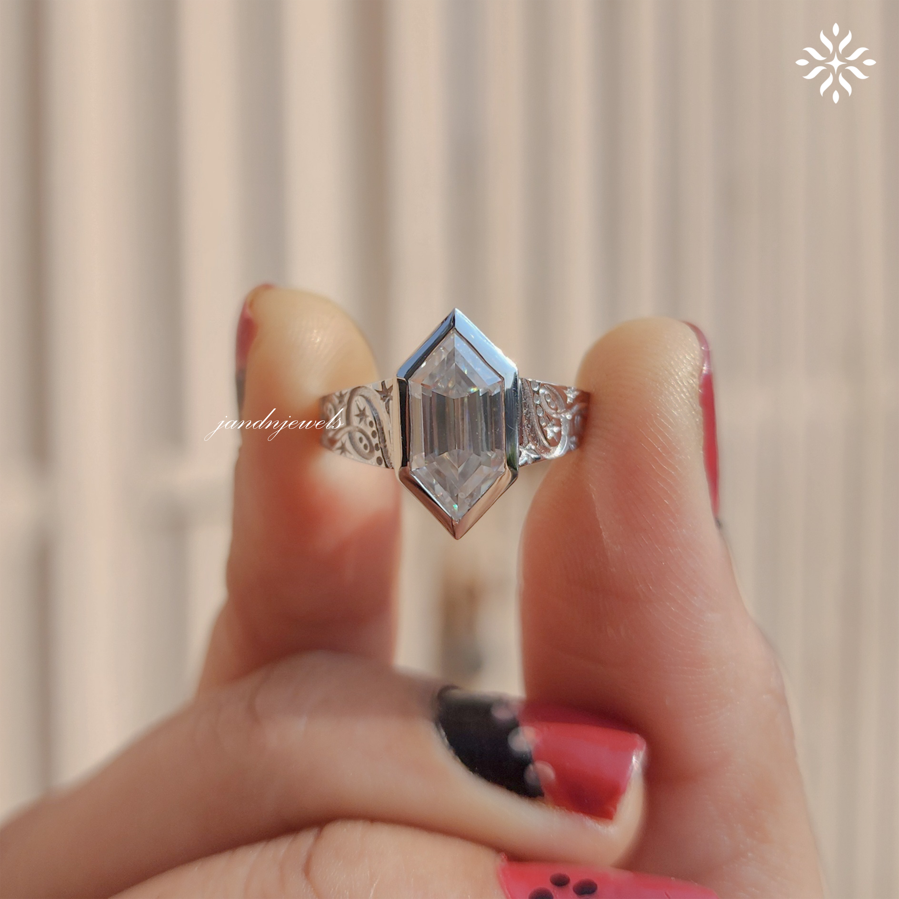2.5CT Hexagon Cut Moissanite Engagement Ring 14K Yellow Gold Art Deco Engraved Bezel Setting Art Deco Geometric Bridal Ring For Women