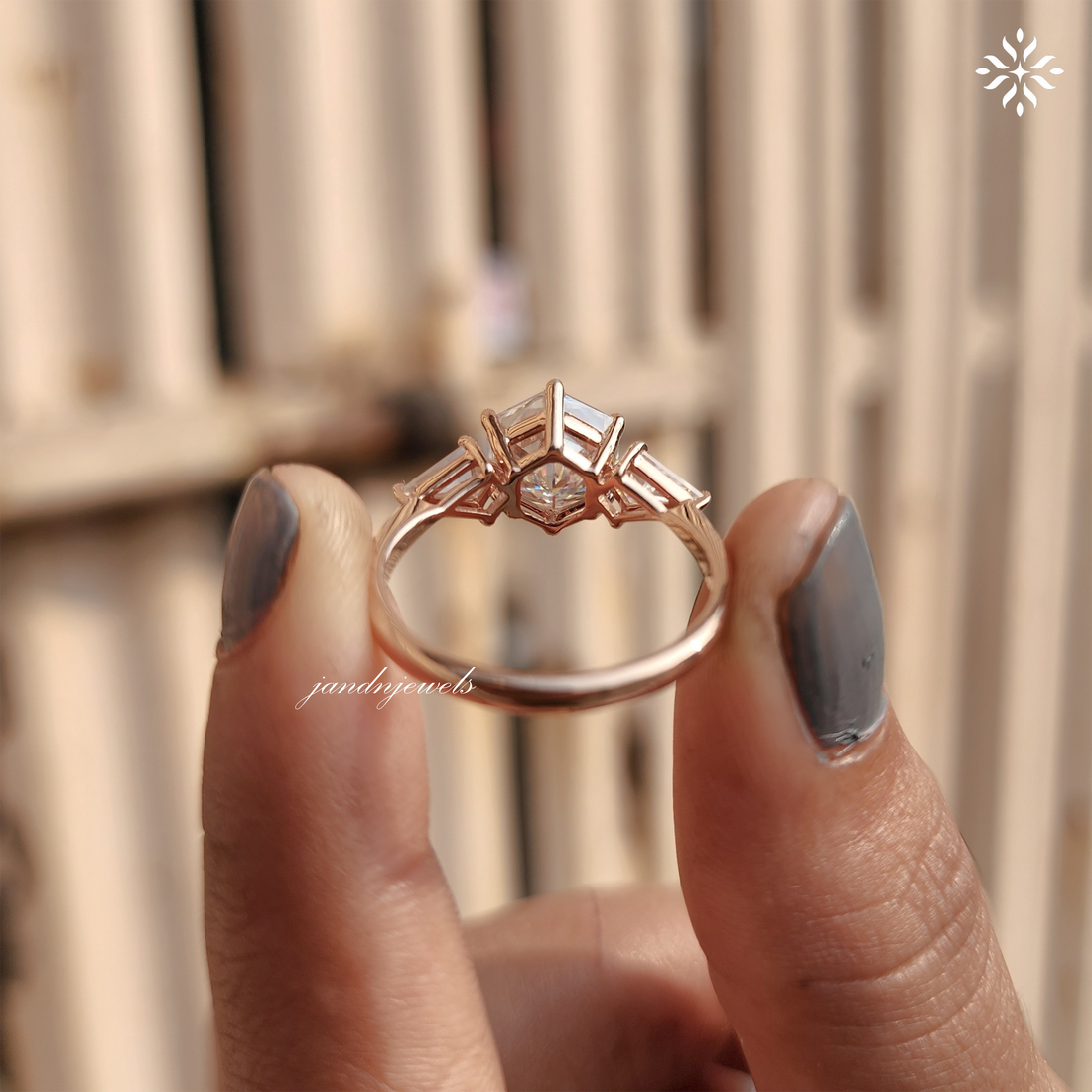 Three Stone Hexagon Cut Engagement Ring Side Stone kite Diamond Ring 14K Solid Gold Ring Antique Moissanite Diamond Ring