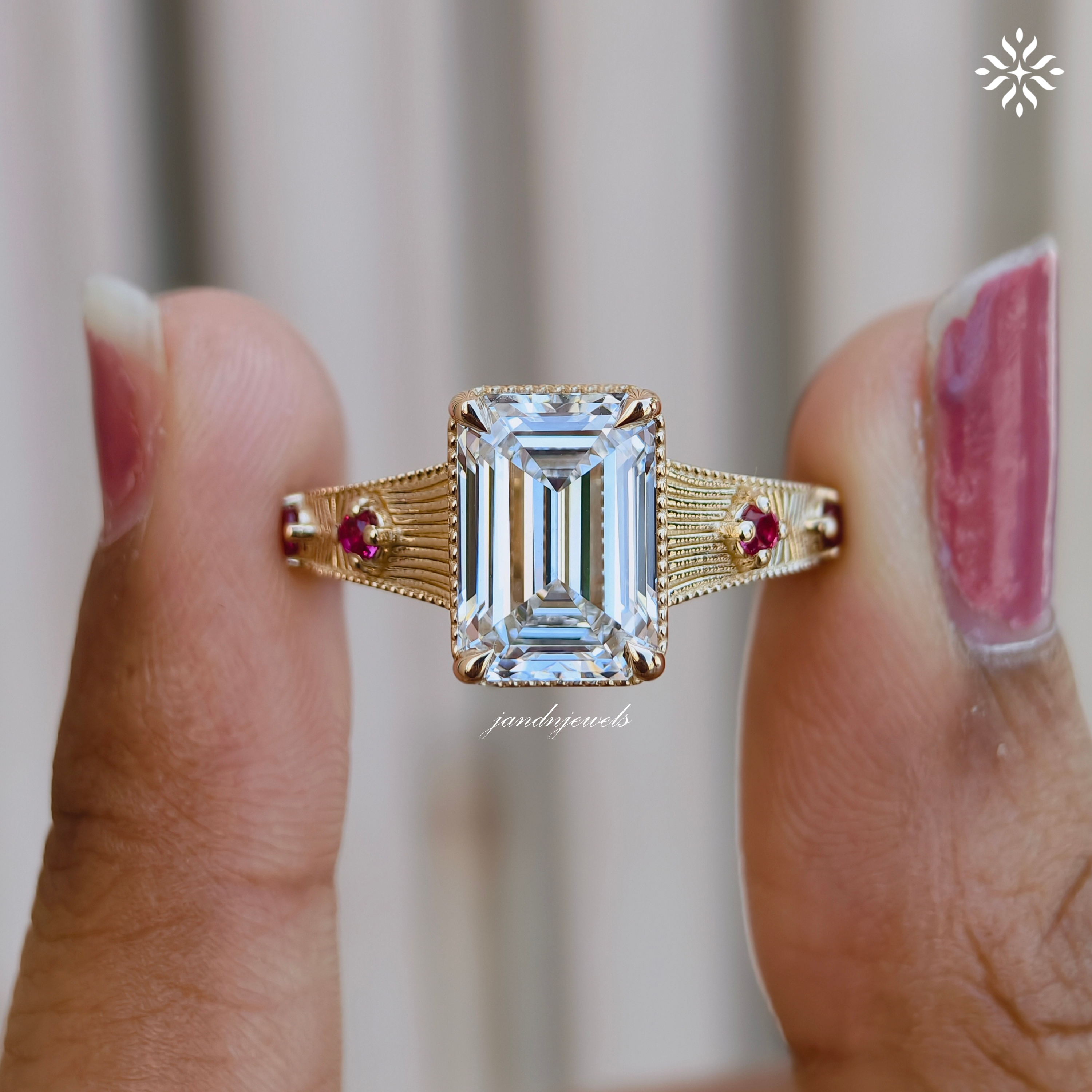 3CT Emerald Cut Lab Grown Diamond Engagement Ring, Pink Sapphire Side Stone Ring, Vintage Inspired Engraved Band, 14K Gold Wedding Ring