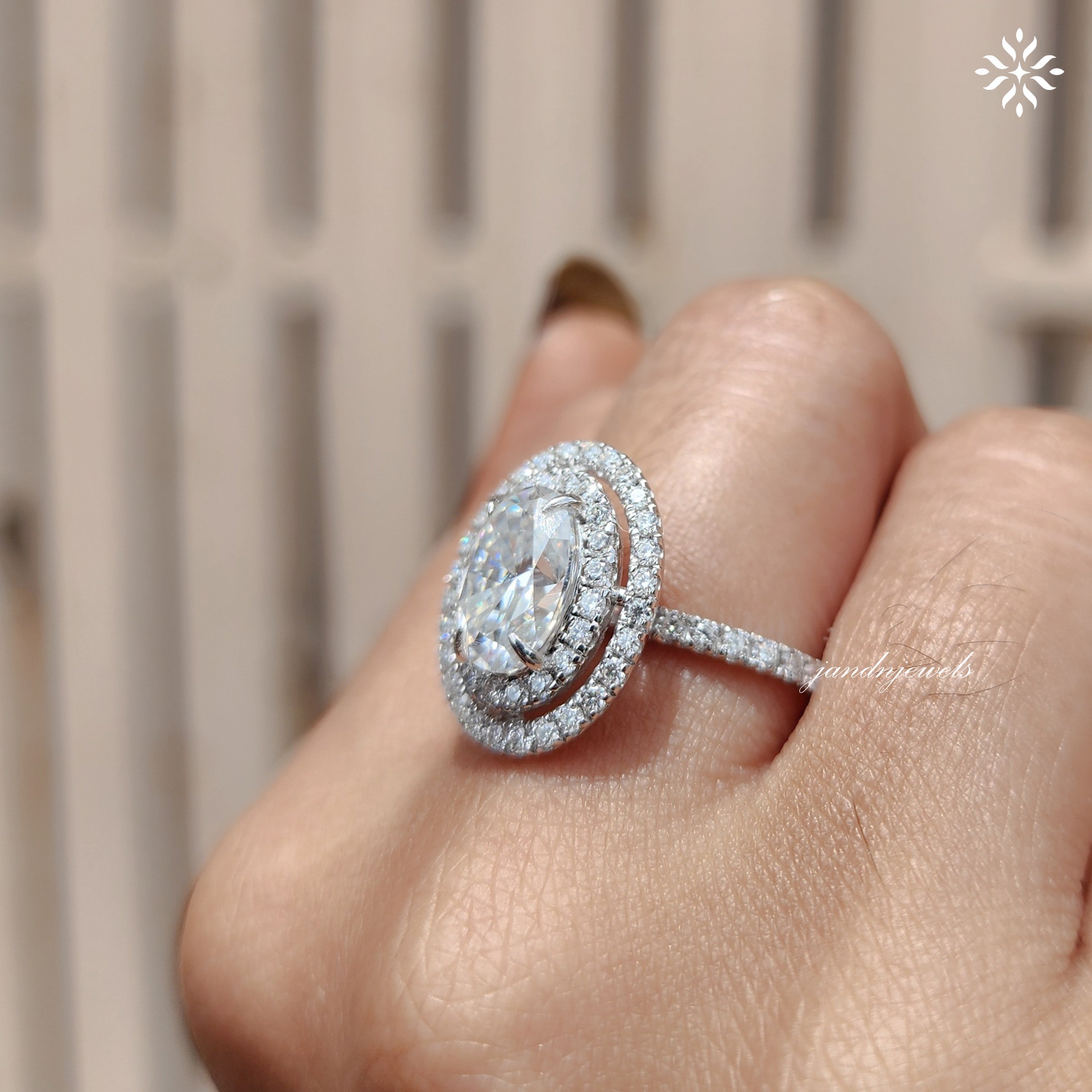 Double Halo Oval Moissanite Engagement Ring Unique Halo Ring Ring Wedding Pave Band 14K White Gold Ring Anniversary gift For Women