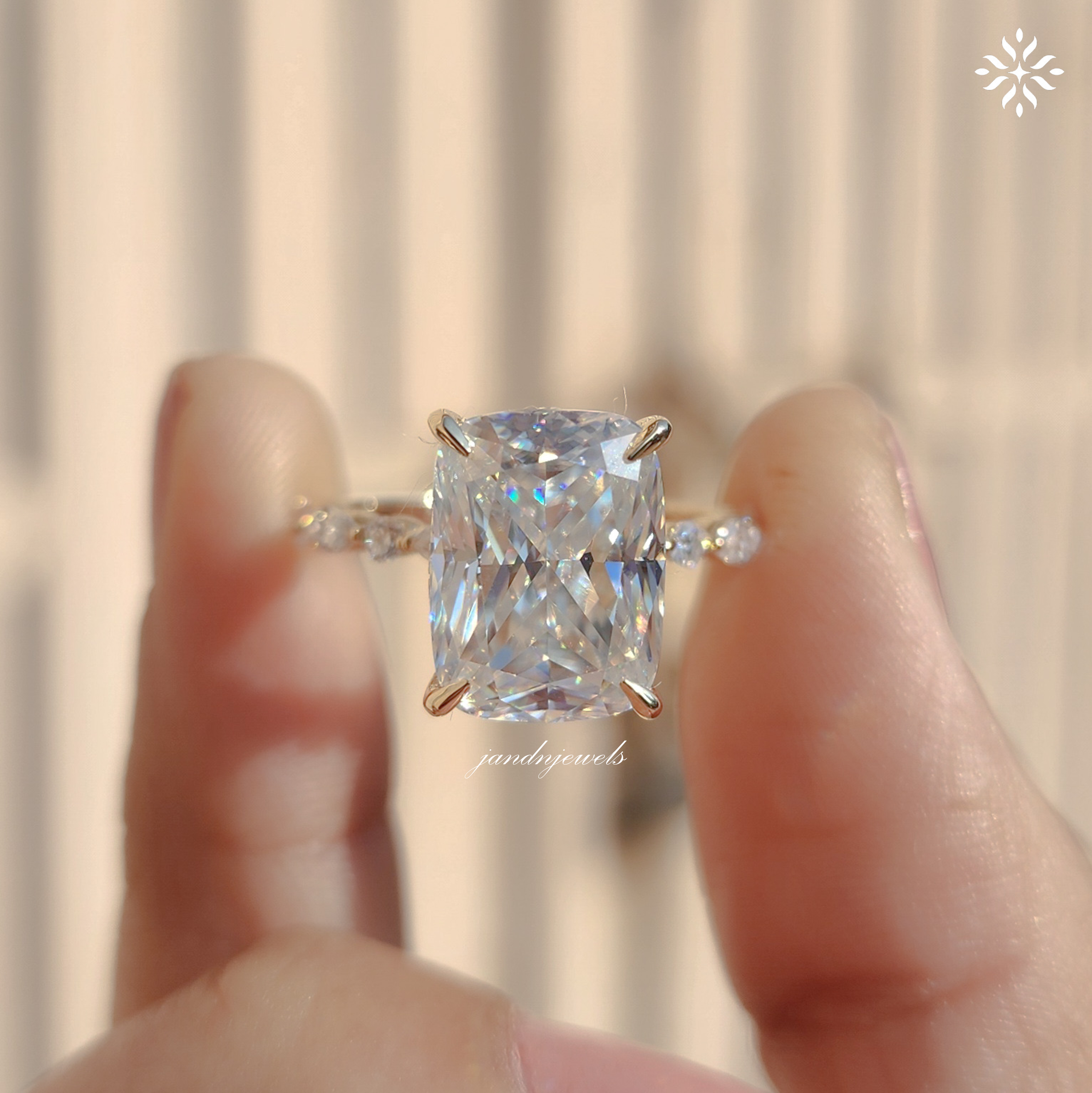 4CT Cushion Cut Moissanite Engagement Ring Hidden Halo 14K Gold Diamond Band Bridal Ring