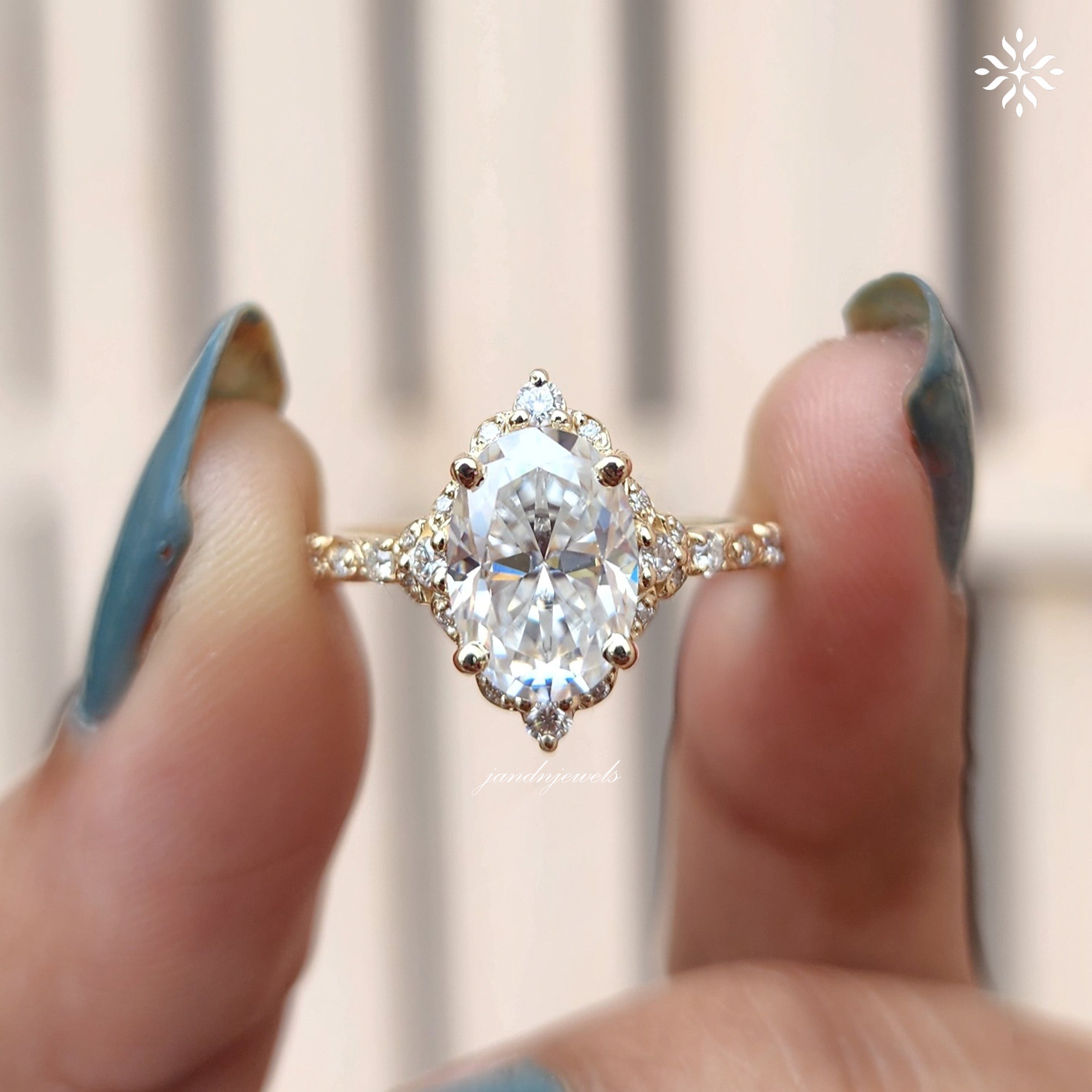 Oval moissanite engagement ring yellow gold Unique halo vintage art deco Diamond vintage ring Anniversary promise ring anniversary for her