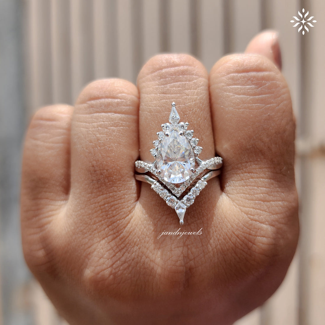 3CT Pear Cut Moissanite Engagement Ring Set Vintage Halo Bridal Ring Unique Chevron Wedding Ring Set