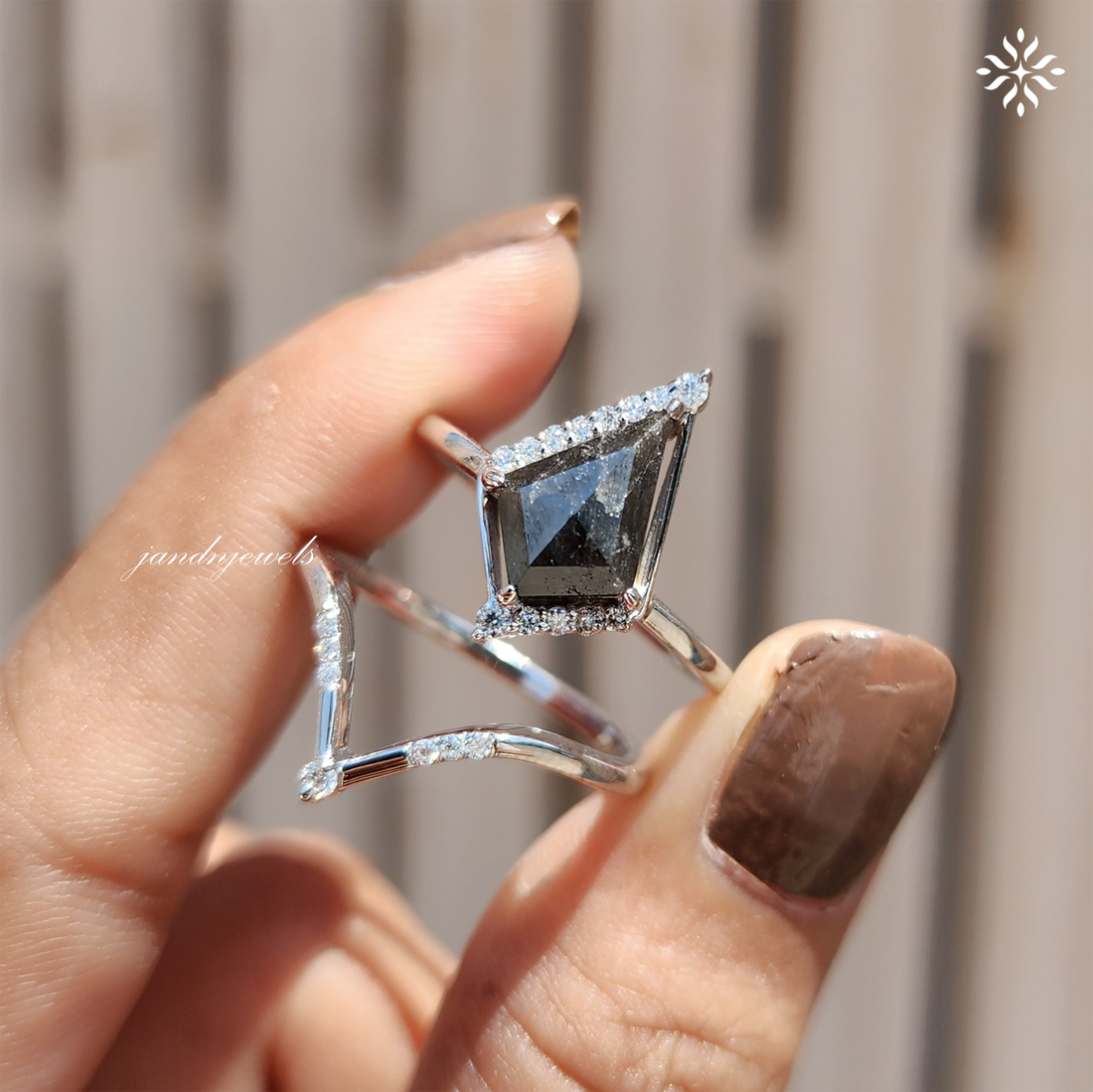 Kite Cut Salt and Pepper Diamond Bridal Ring Set Art Deco Engagement Ring Art Deco Wedding Ring Alternative Bridal Gift for Her