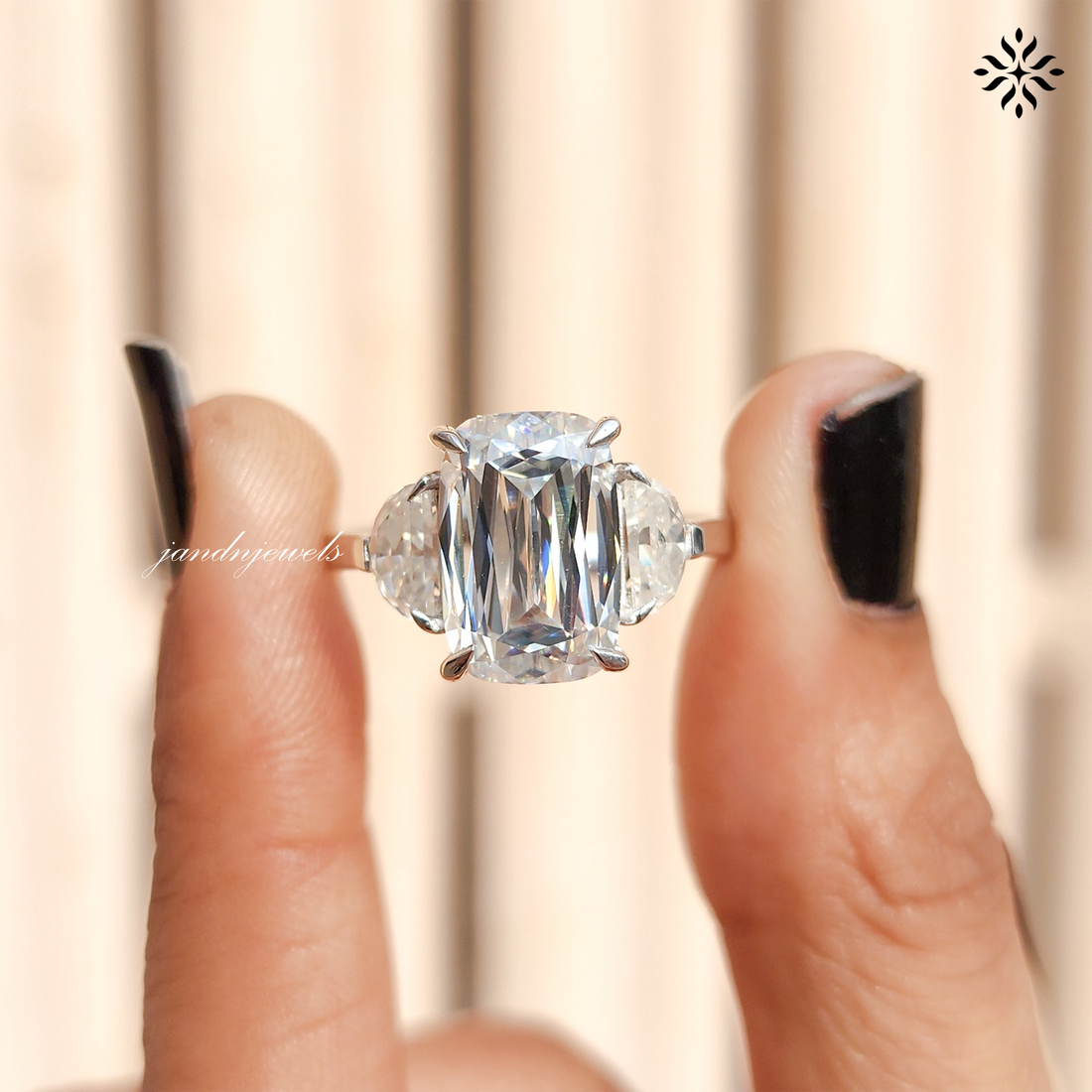 Elongated Criss Cut Cushion Moissanite Engagement Ring Three Stone Wedding Ring Side Stone Half Moon Trilogy Ring Multi Stone Ring for Her