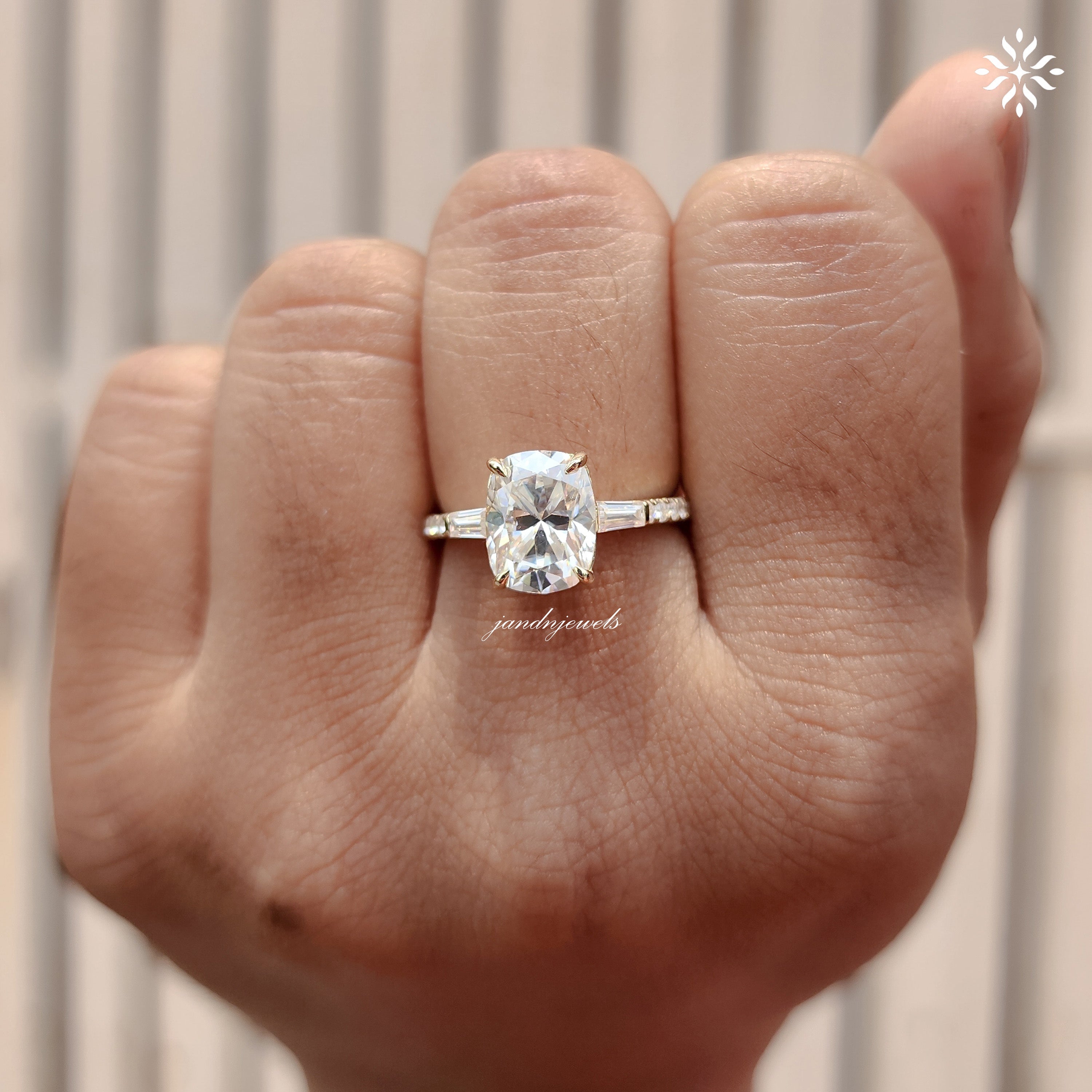 Three Stone Cushion Cut Moissanite Engagement Ring Side Stone Baguette Diamond Ring