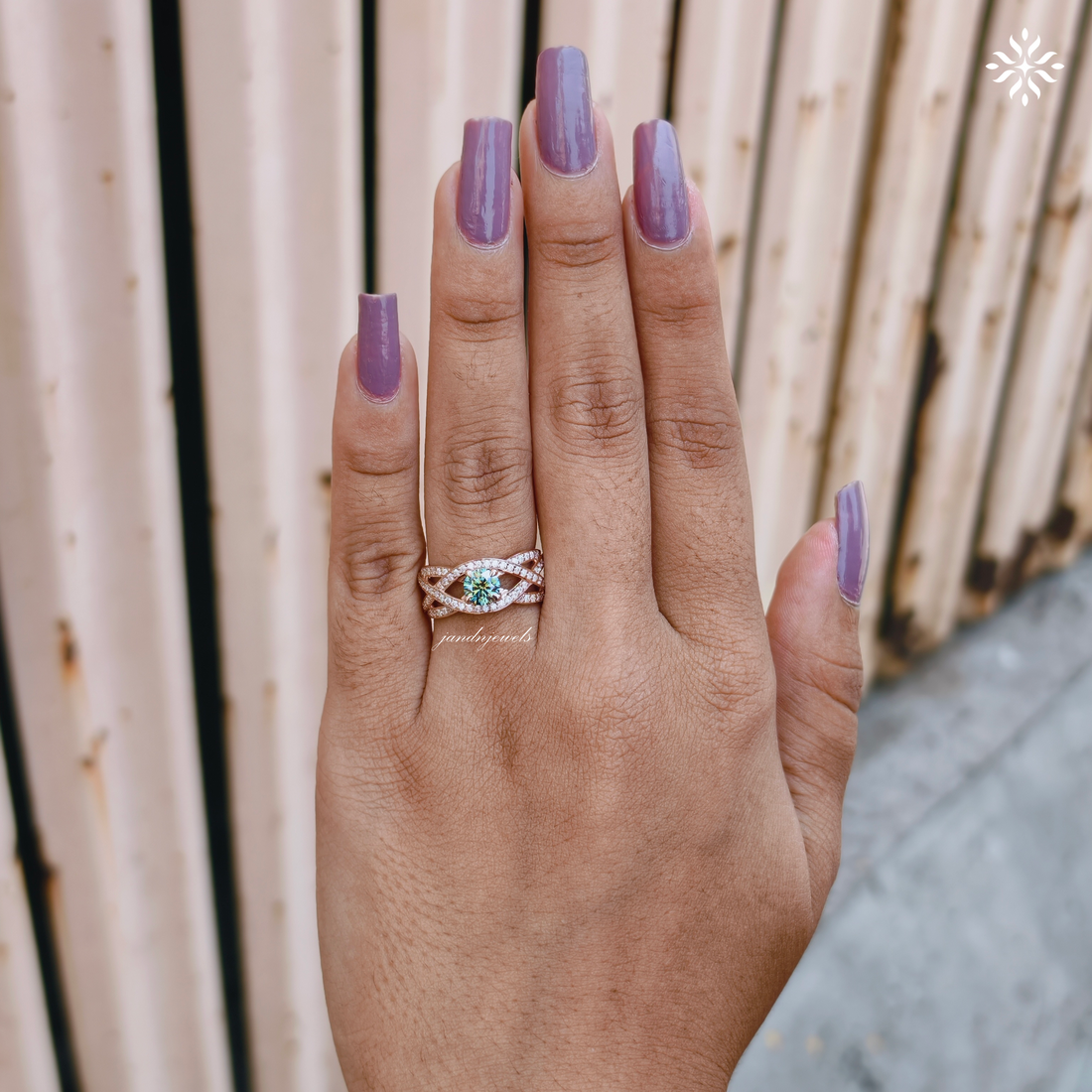 Cyan Blue Round Cut Moissanite Engagement Ring, Floral Wedding Ring, Unique Pave Band, 14K Gold Ring, Diamond Ring, Anniversary Ring