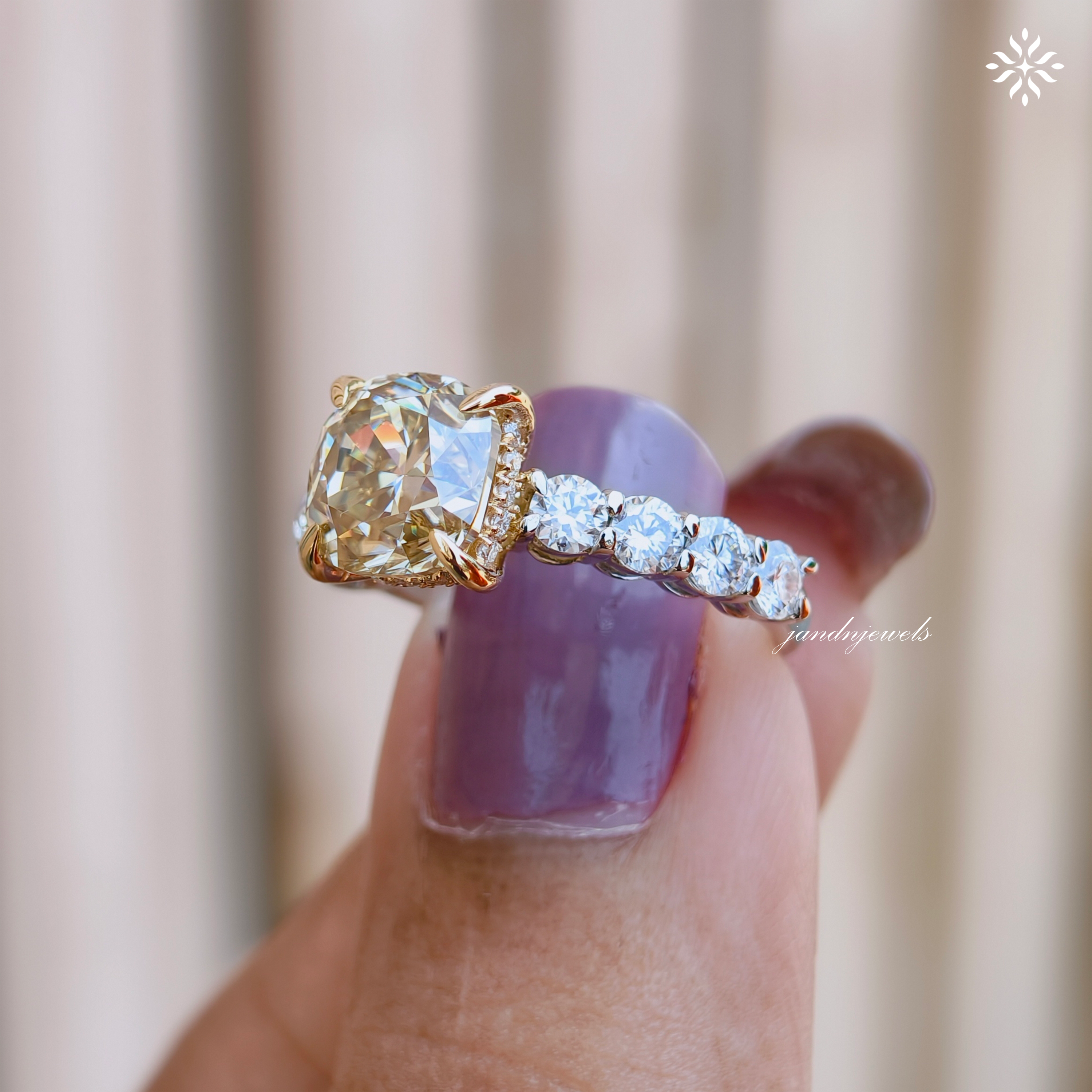 Fancy Intense Yellow Cushion Cut Lab Grown Diamond Engagement Ring Two Tone Ring Hidden Halo Ring Cathedral Setting Ring