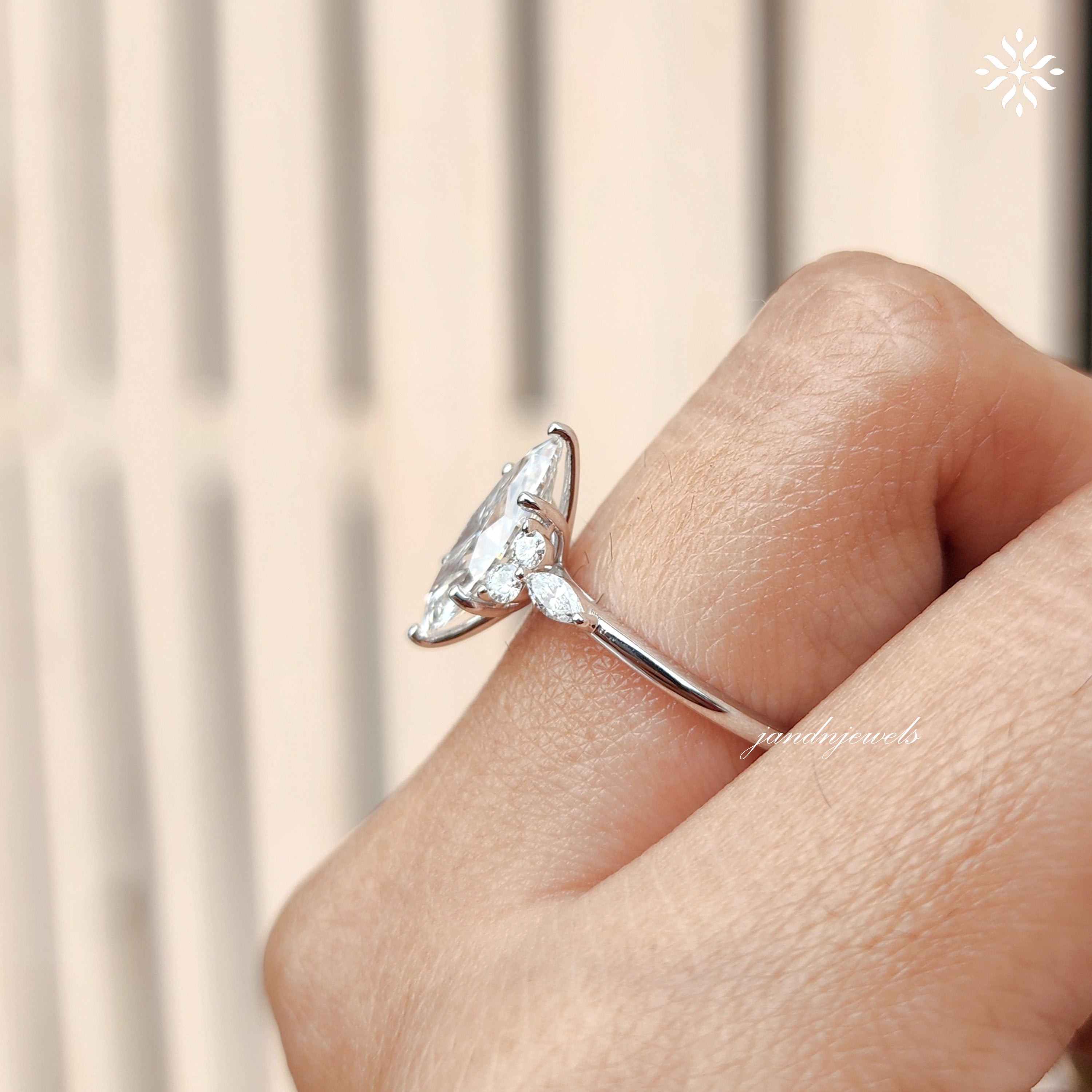Vintage Marquise Cut Lab Grown Engagement Ring Women's Diamond Wedding Ring with Side Stone Delicate 14k Solid Gold Diamond Promise Ring