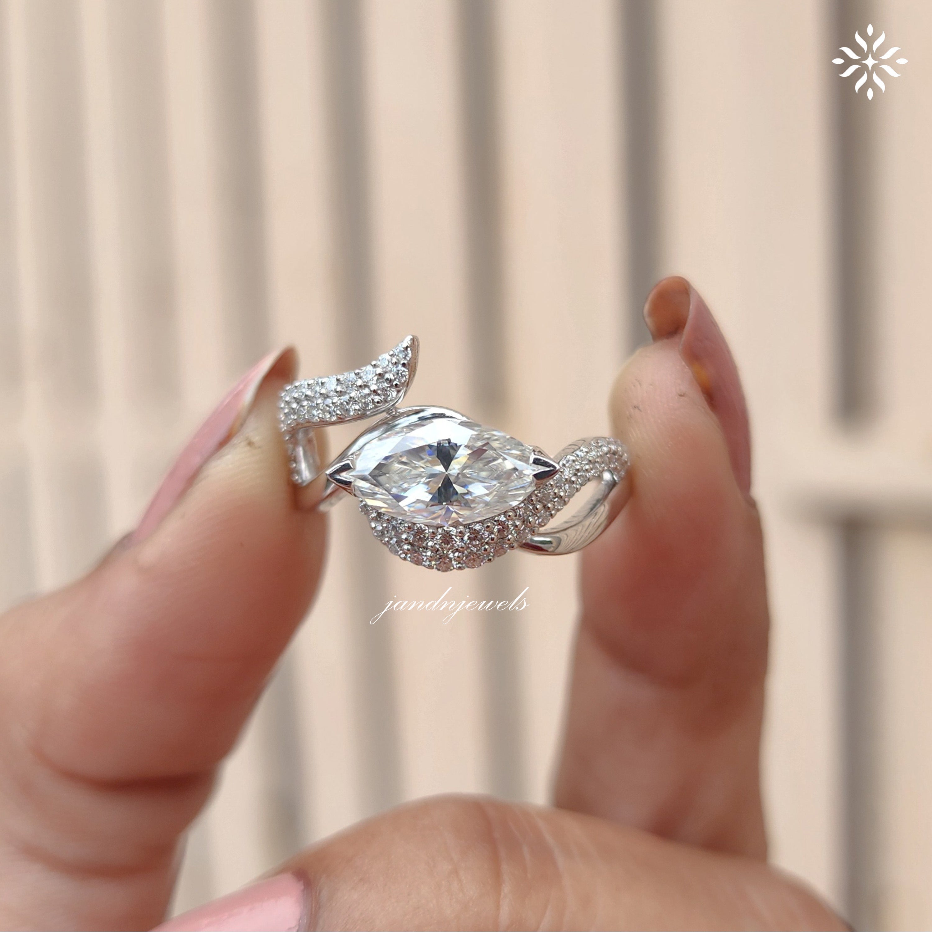 Marquise Moissanite Engagement Ring, Twisted Pave Diamond Band, Unique Swirl Gold Statement Ring