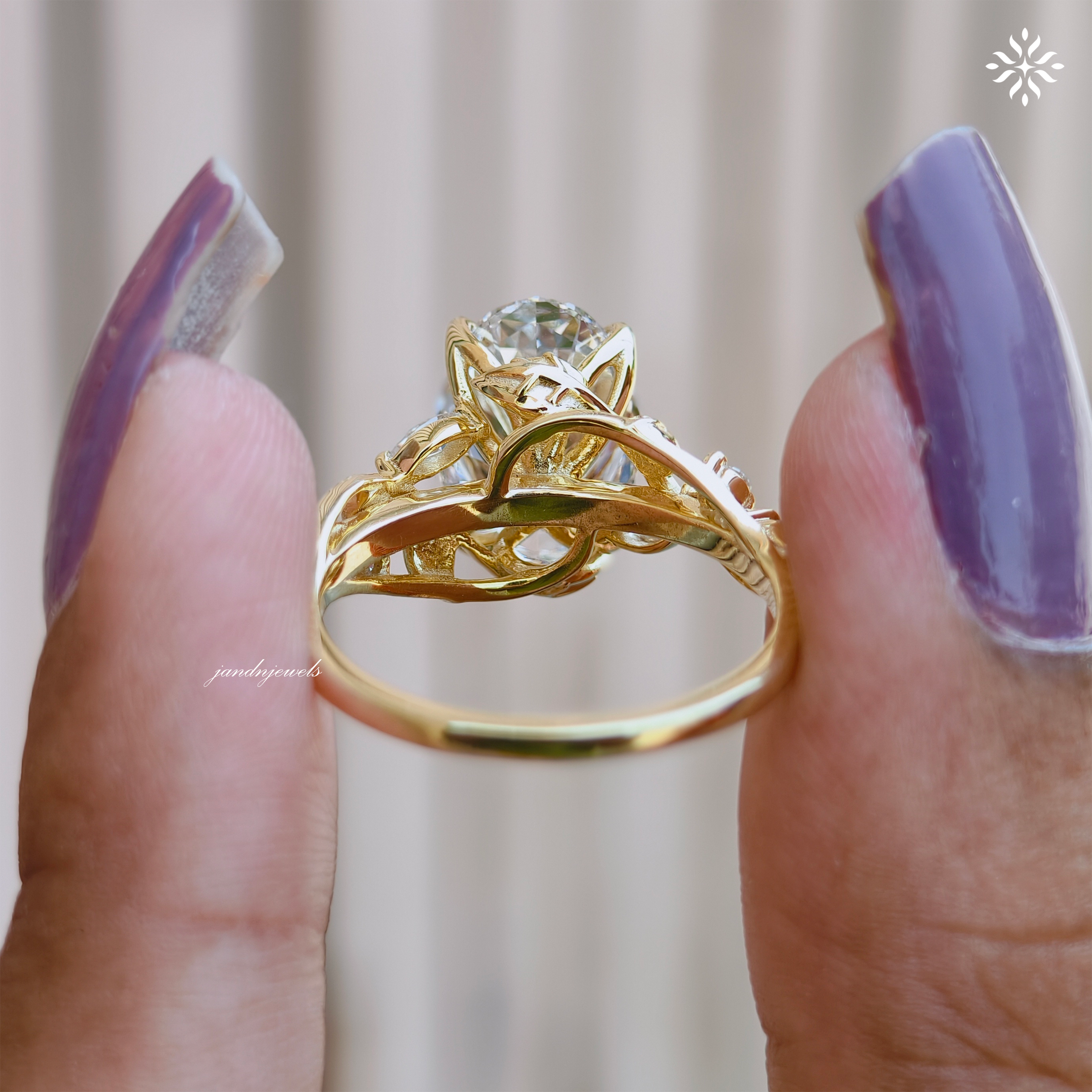 Botanical Oval Cut Lab Grown Diamond Engagement Ring Nature Inspired Floral Ring Vine Leaf Wedding Ring 14K Solid Yellow Gold Ring for Her
