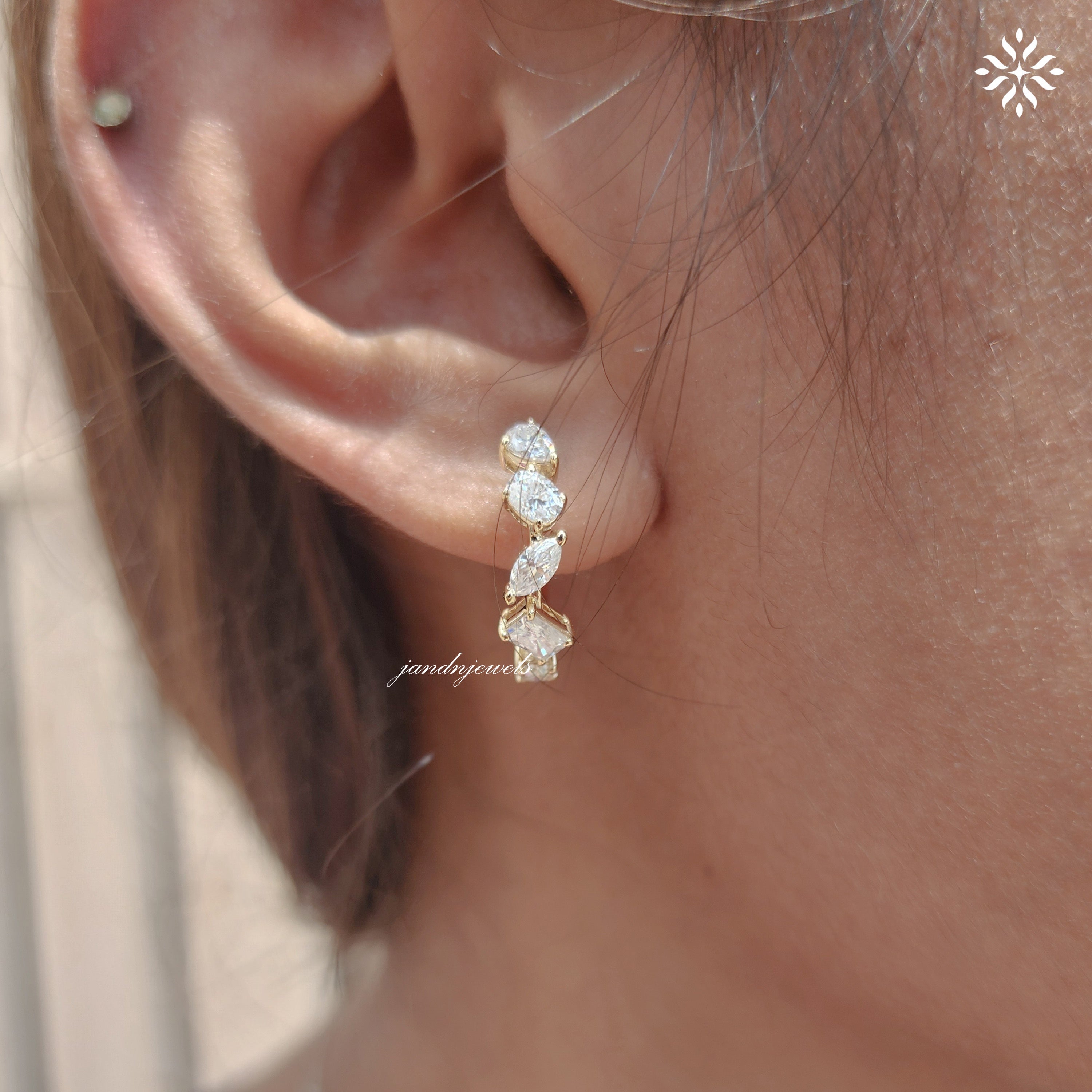 Mixed Shape Moissanite Diamond Hoop Earrings 14K Gold Marquise Oval Princess Cut Wedding Earrings