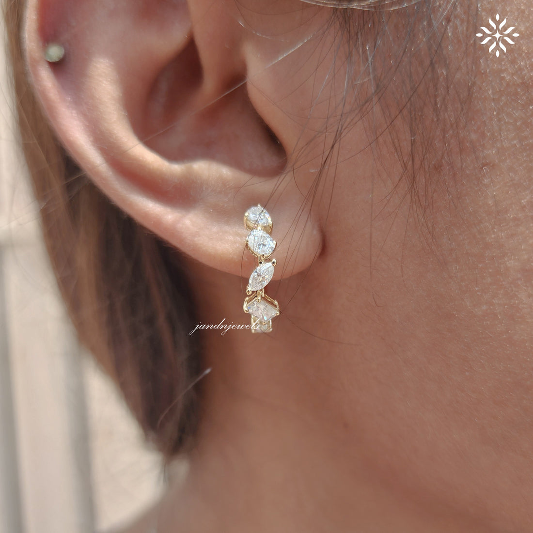 Mixed Shape Moissanite Diamond Hoop Earrings 14K Gold Marquise Oval Princess Cut Wedding Earrings