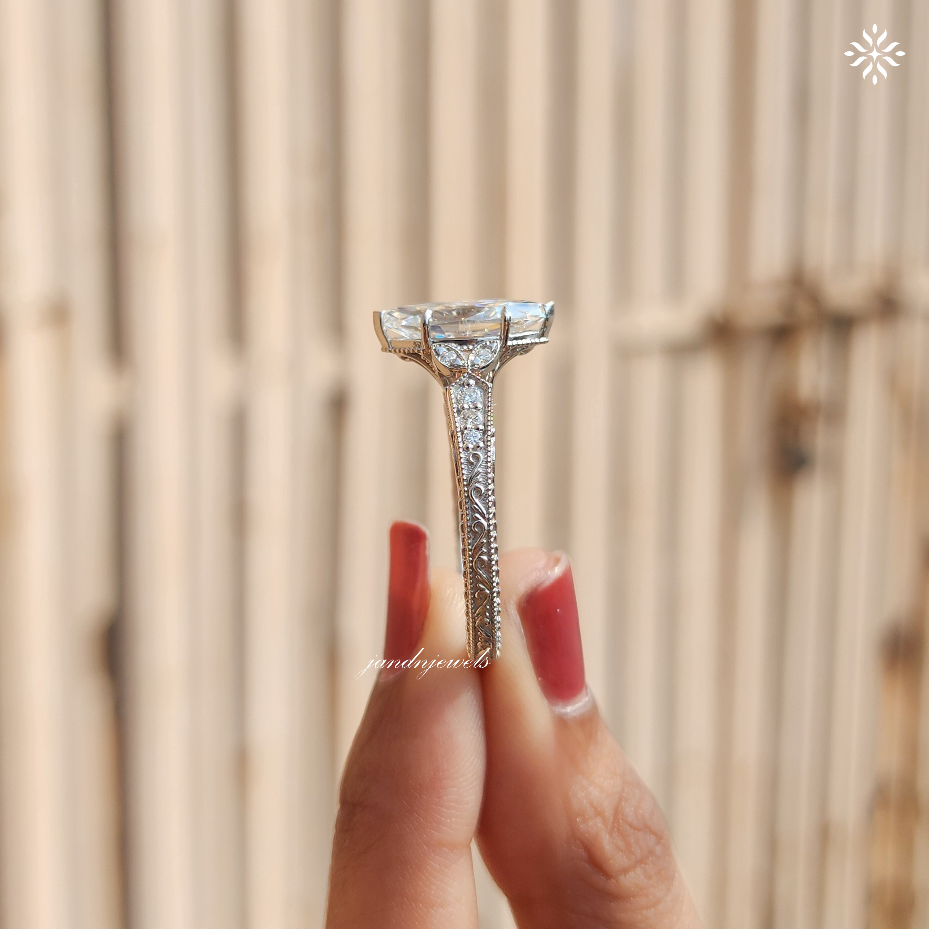 2.5CT Marquise Cut Moissanite Engagement Ring Art Deco Wedding Ring Vintage Engraved Band Unique Cluster Ring