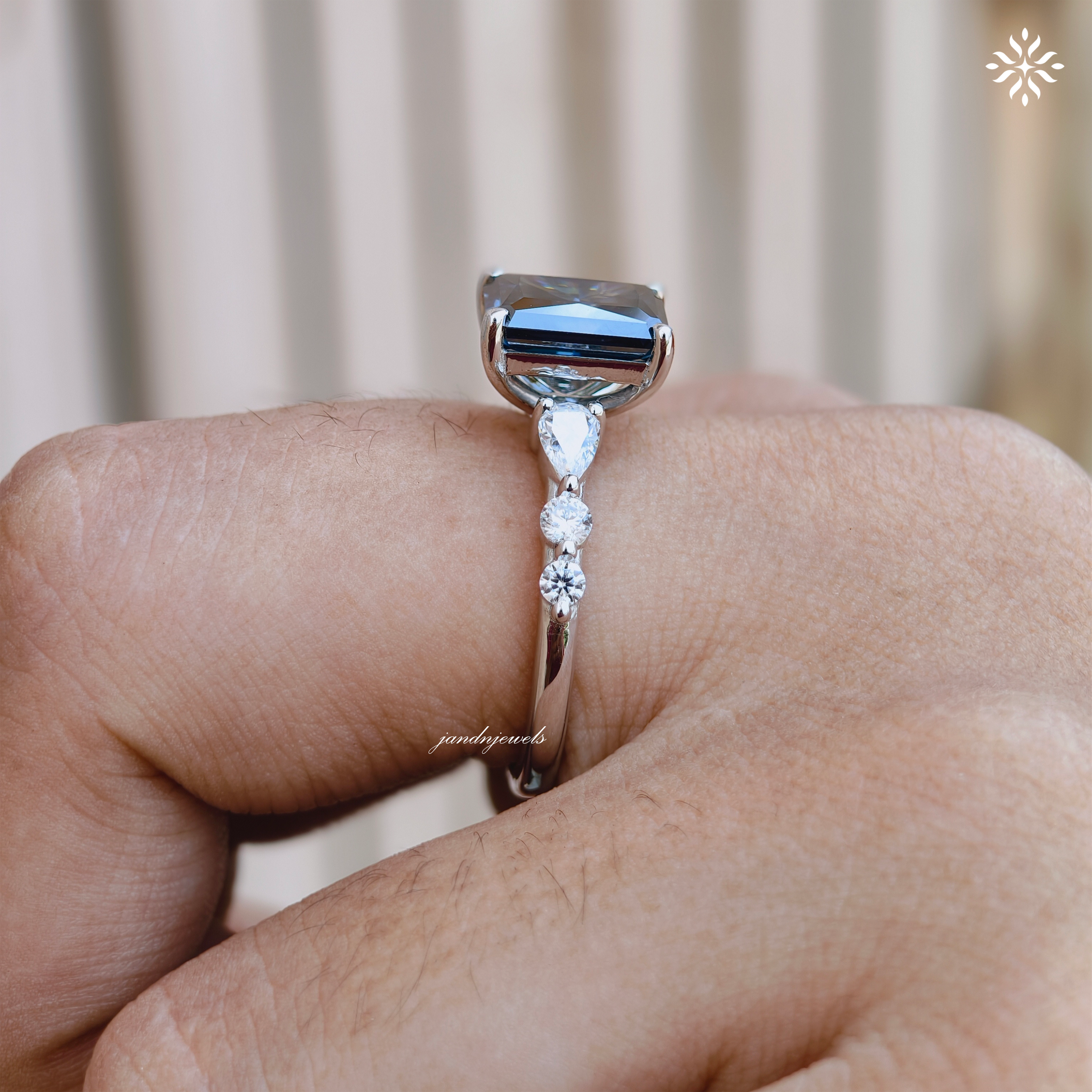Royal Blue Radiant Cut Moissanite Engagement Ring Pear Accent Band Art Deco Gold Ring Unique Bridal Anniversary Gift for Her