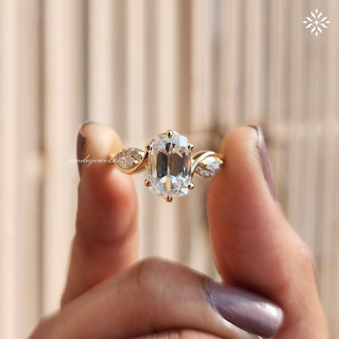 Old Mine Cushion Cut Moissanite Engagement Ring Nature Inspired Leaf Design Ring 14K Solid Gold Ring Floral Art Deco Ring Wedding Ring