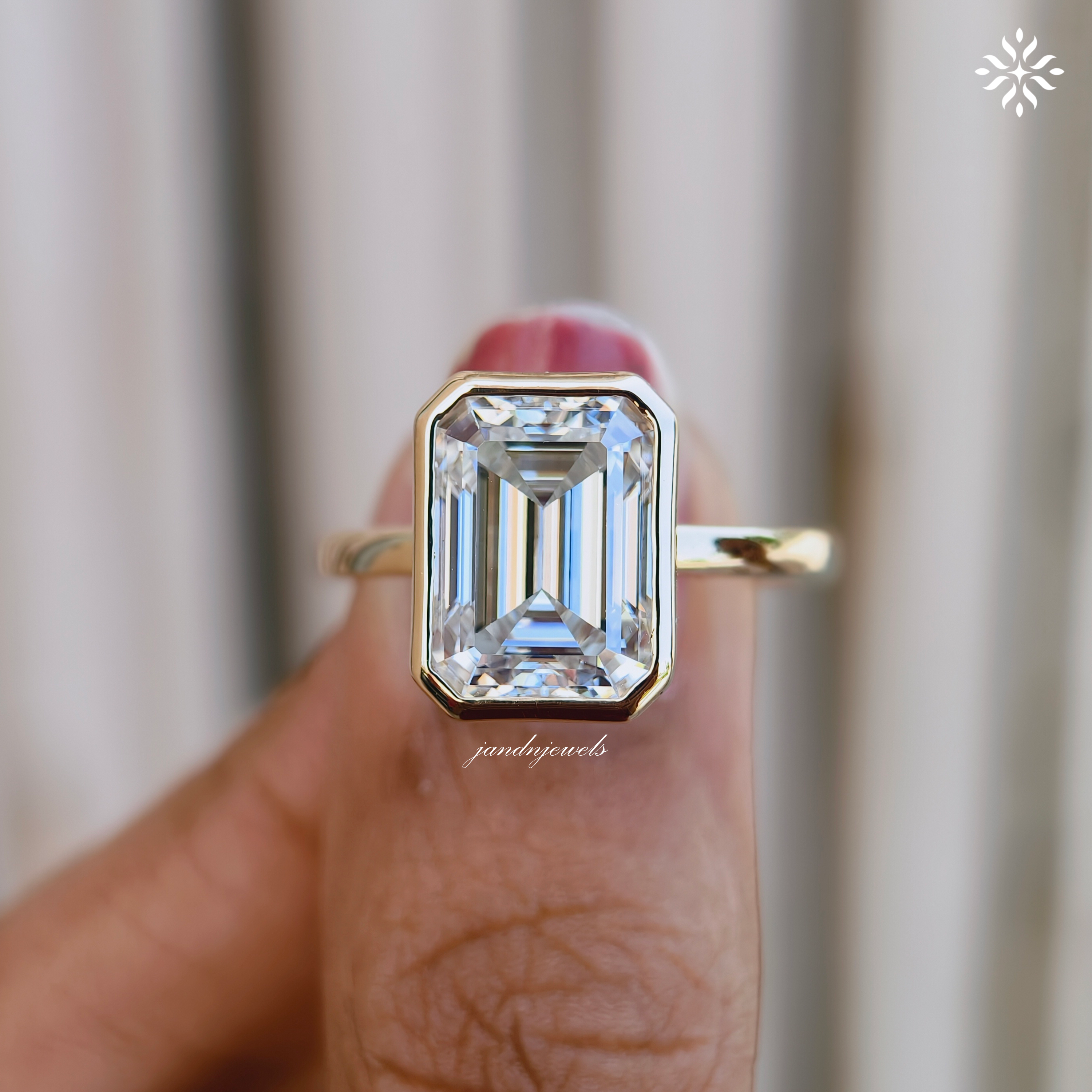 3 Carat Emerald Cut Lab Grown Diamond Engagement Ring | 14K Gold Bezel | IGI Certified