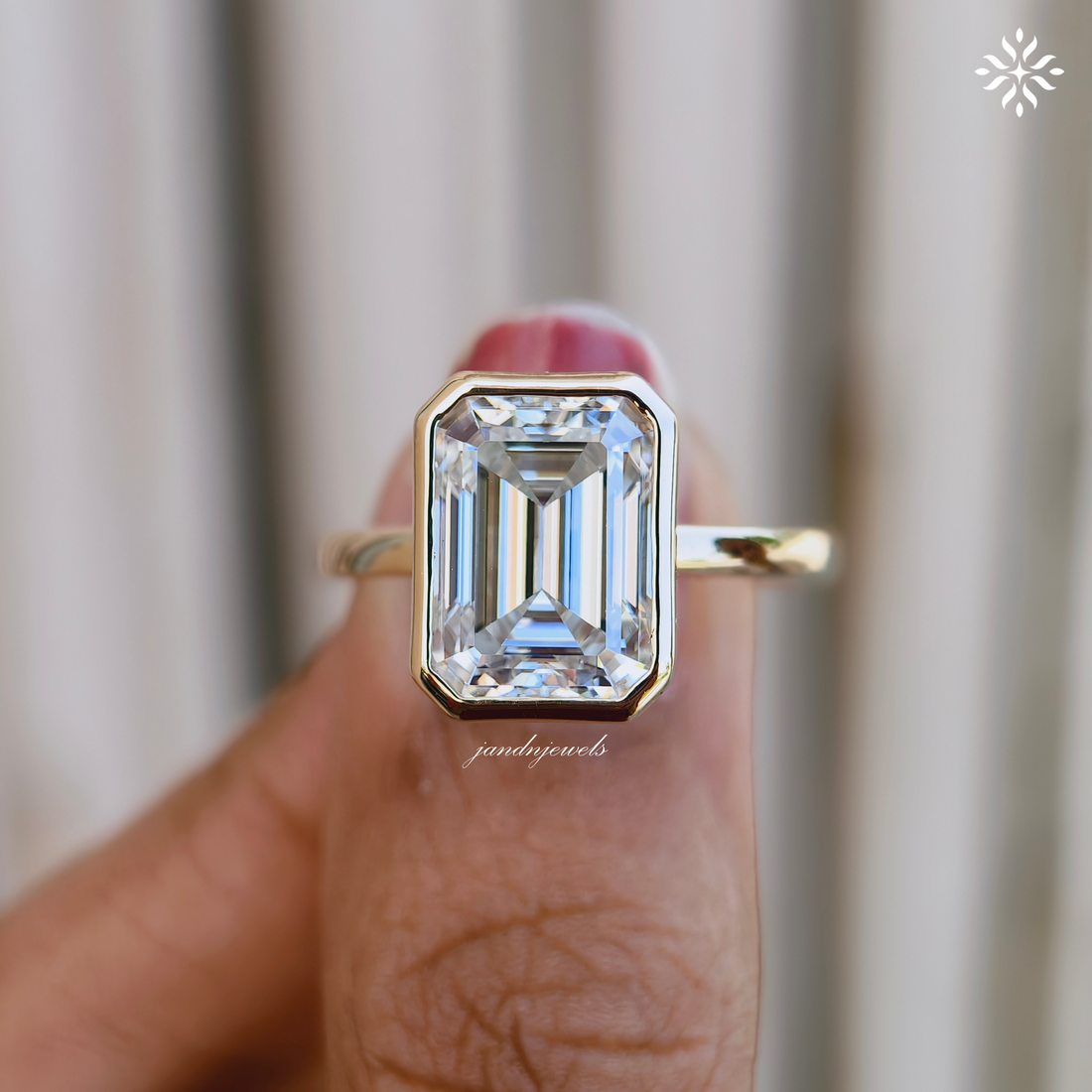 3 Carat Emerald Cut Lab Grown Diamond Engagement Ring | 14K Gold Bezel | IGI Certified