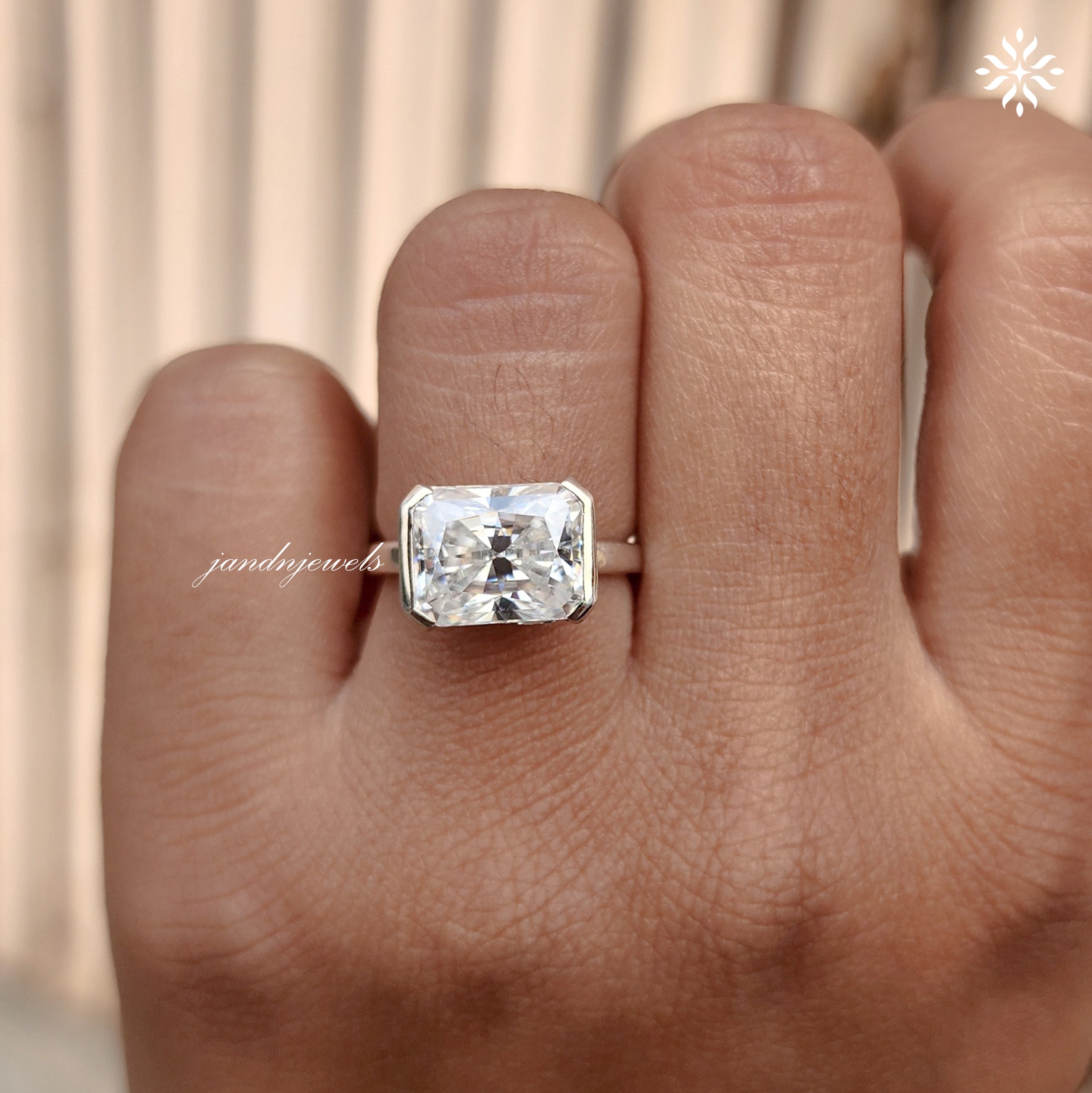 Half Bezel Set Radiant Cut Moissanite Engagement Ring East West Radiant Diamond Wedding Gift Handmade Ring Open Shank Custom Bridal Ring