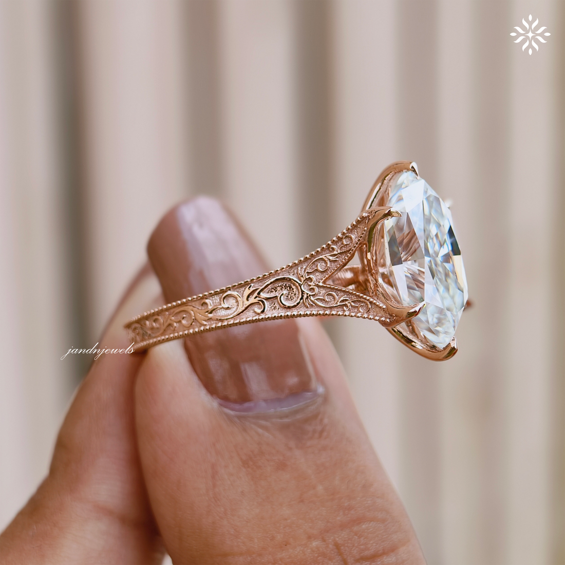 Dutch Marquise Moissanite Engagement Ring Art Deco Engraved Band Solitaire Ring 14K Gold Six Prong Designer Bridal Ring For Her