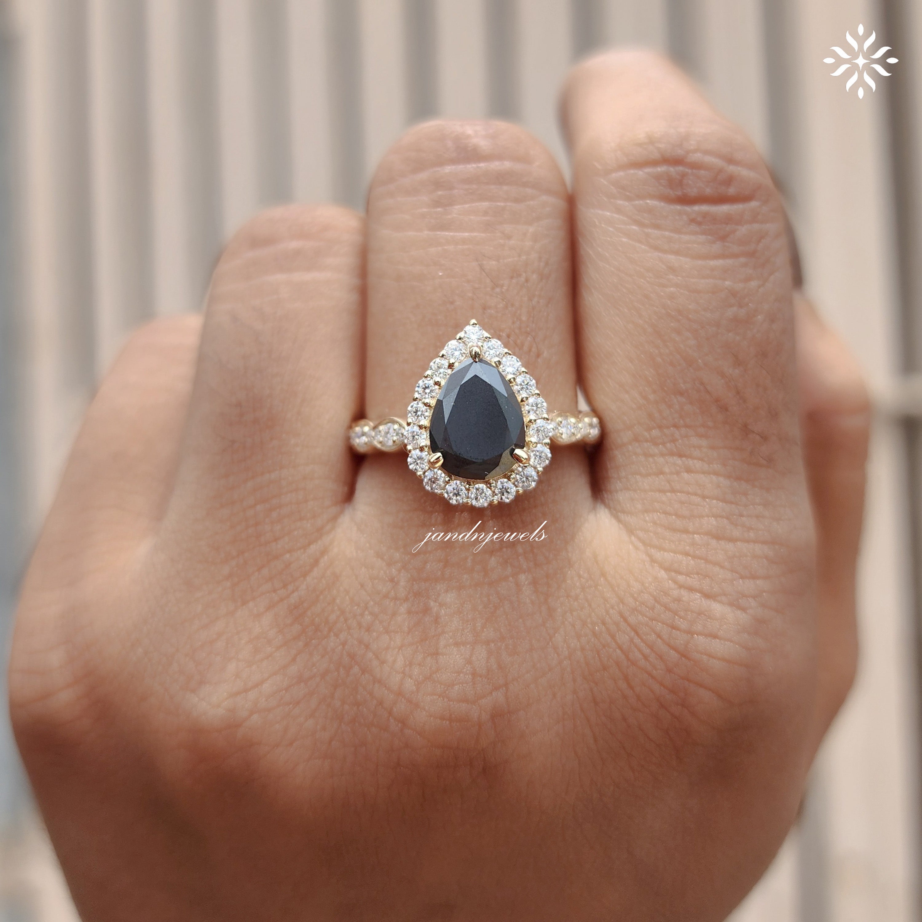 Black Pear Moissanite Ring Set Vintage Inspired Halo Engagement Ring With Marquise Wedding Band
