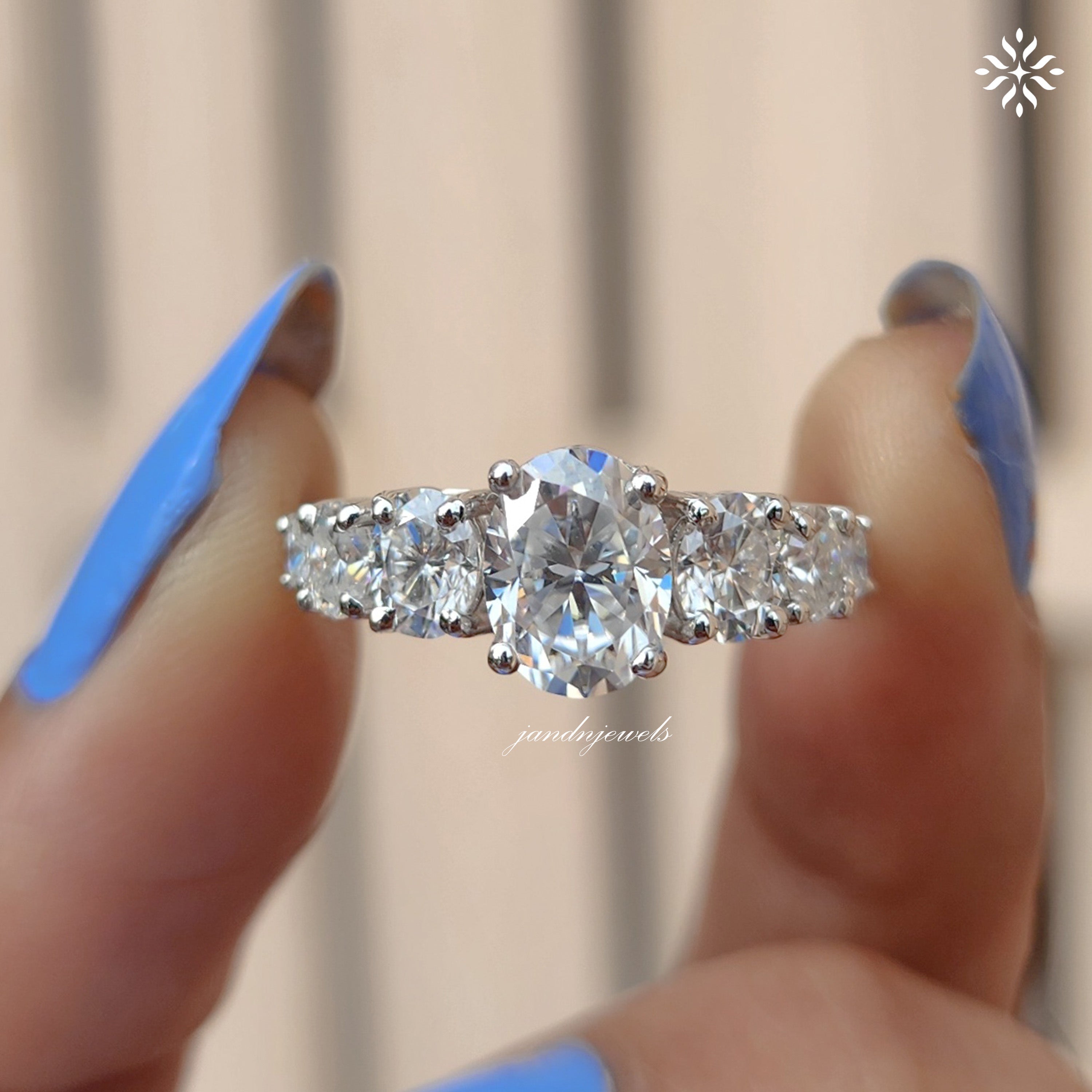 Oval Moissanite Ring with Graduated Side Stones Unique Eternity Engagement Ring Elegant White Gold Wedding Band for Her