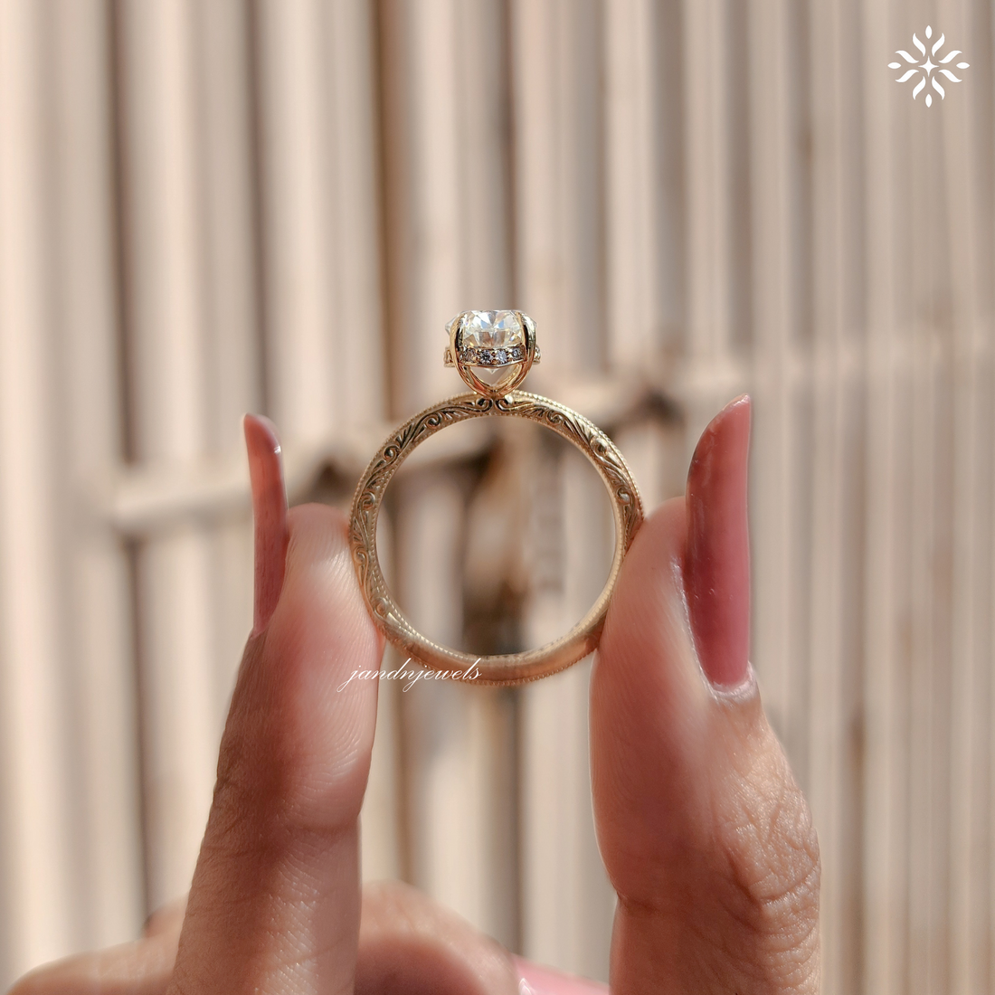 2CT Oval Cut Moissanite Engagement Ring Solitaire Diamond Ring Handcrafted Engraved Wedding Band 14K Solid Gold Hidden Halo Ring