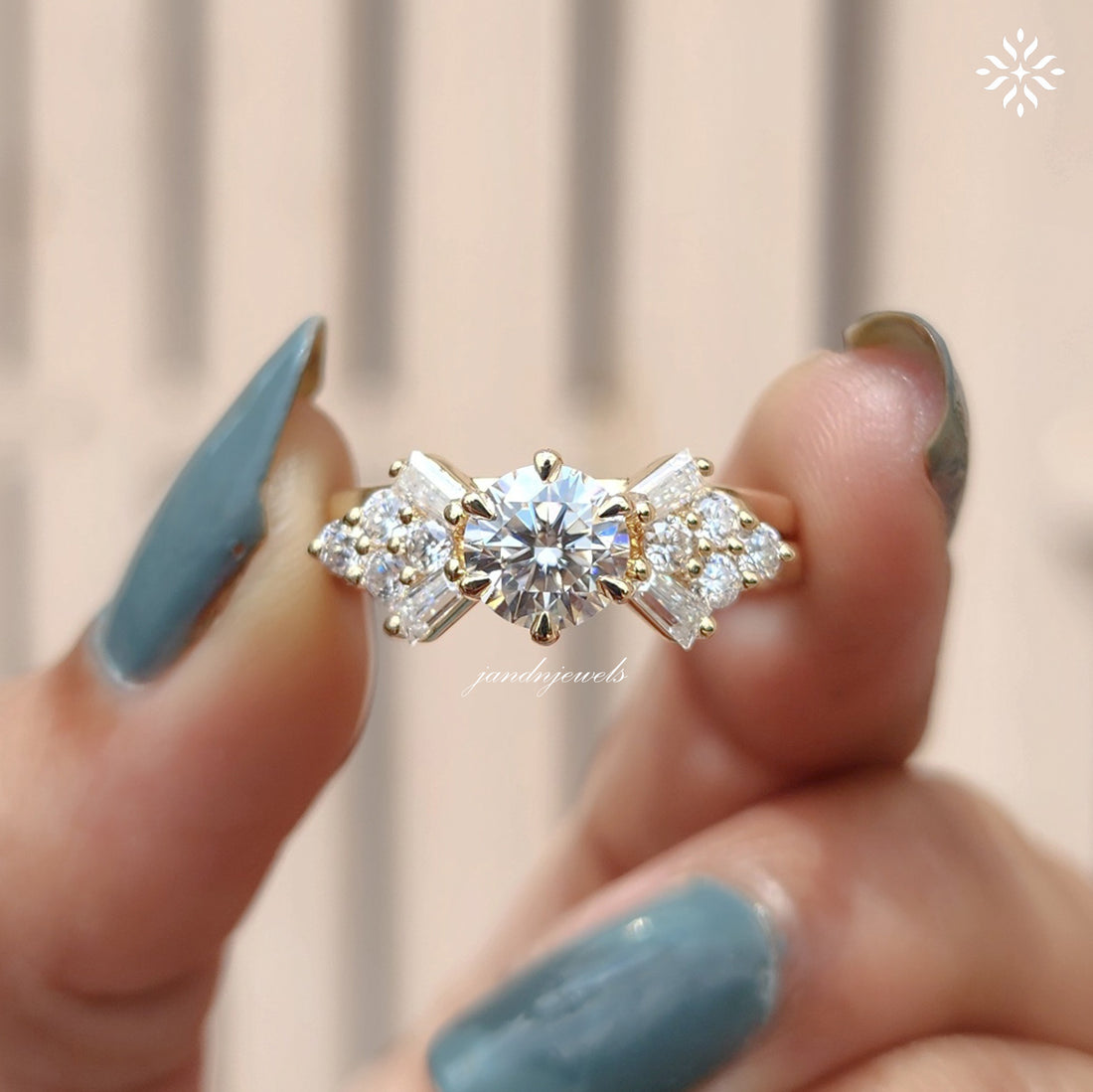 1.5CT Round Cut Moissanite Engagement Ring Baguette & Round Cut Diamond Cluster Ring 14K Solid Gold Wedding Ring Anniversary Gift for Her